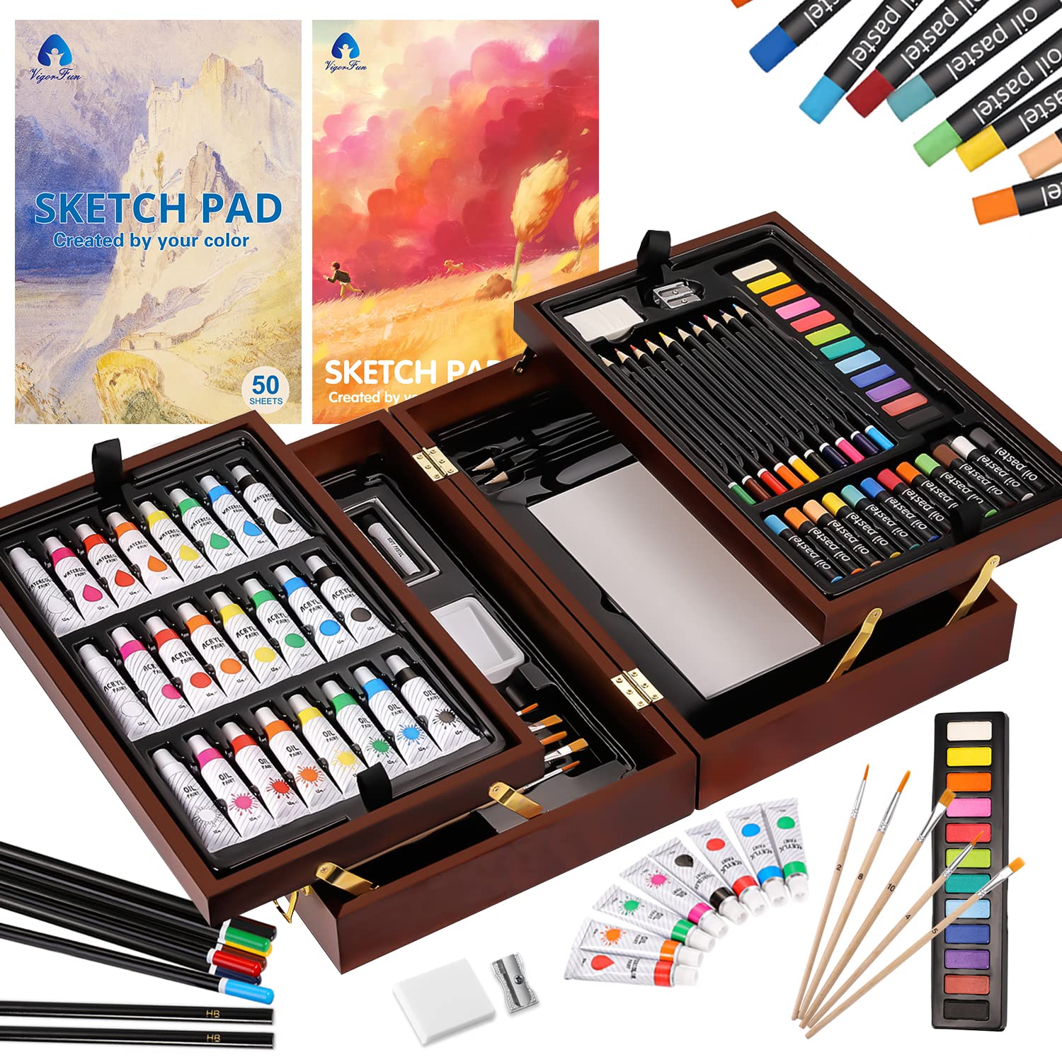 Professional Art Set 85 Piece with 3 x 50 Page Drawing Pad, Deluxe Art Set  in Portable Wooden Case-Painting & Drawing Set Professional Art Kit for