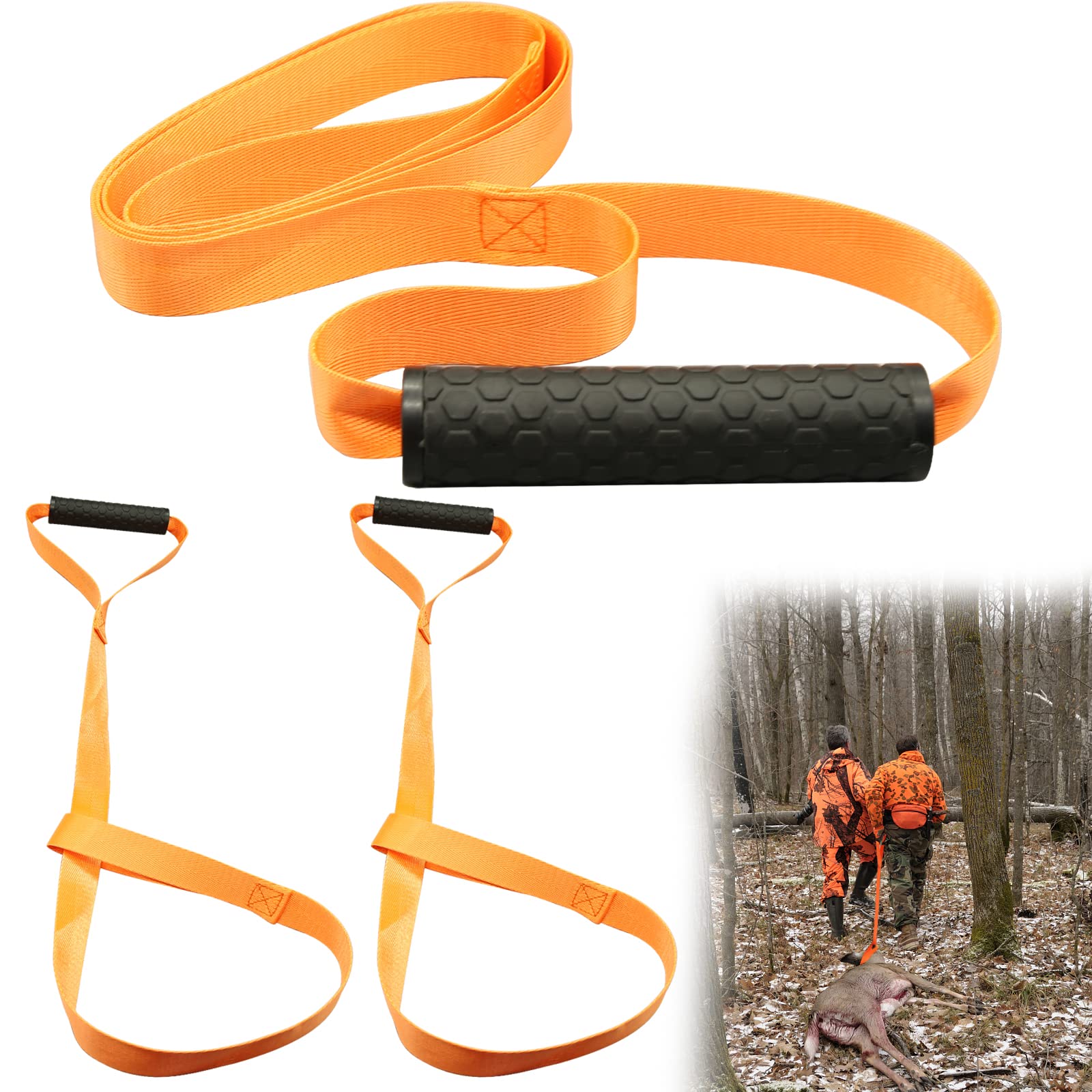 3Pcs Deer Drag Rope with Non-Slip Handle, Heavy Duty Deer Drag Strap  Hunting Dragging Pull Rope, Strong Bearing Capacity Deer Dragging Harness  Deer Hunting Accessories for Big and Small Game, Orange