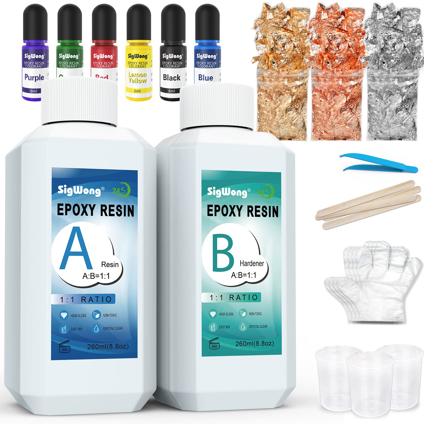 Epoxy Resin Clear Crystal Coating Kit 17.6oz - 2 Part Casting Resin for Art  Craft Jewelry Making River Tables Bonus Gloves Measuring Cup Wooden Sticks  Gold Foil Flakes and Tweezers 17.6oz Epoxy