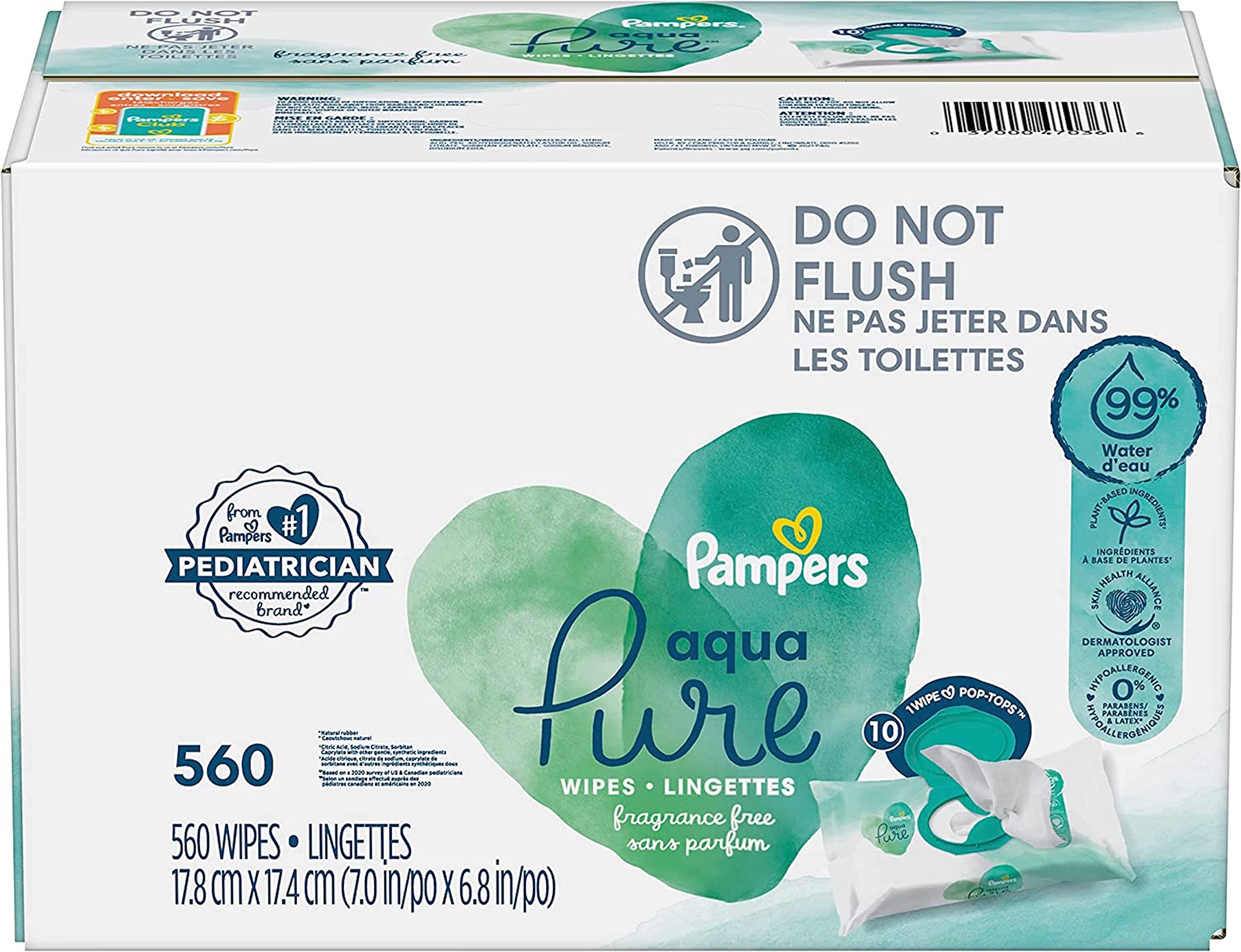  Pampers Pure Protection - Pañales desechables para bebé,  tamaños 1 (198 unidades) y 2 (186 unidades) con toallitas Aqua Pure, 10  paquetes Pop-Top (560 unidades) : Bebés