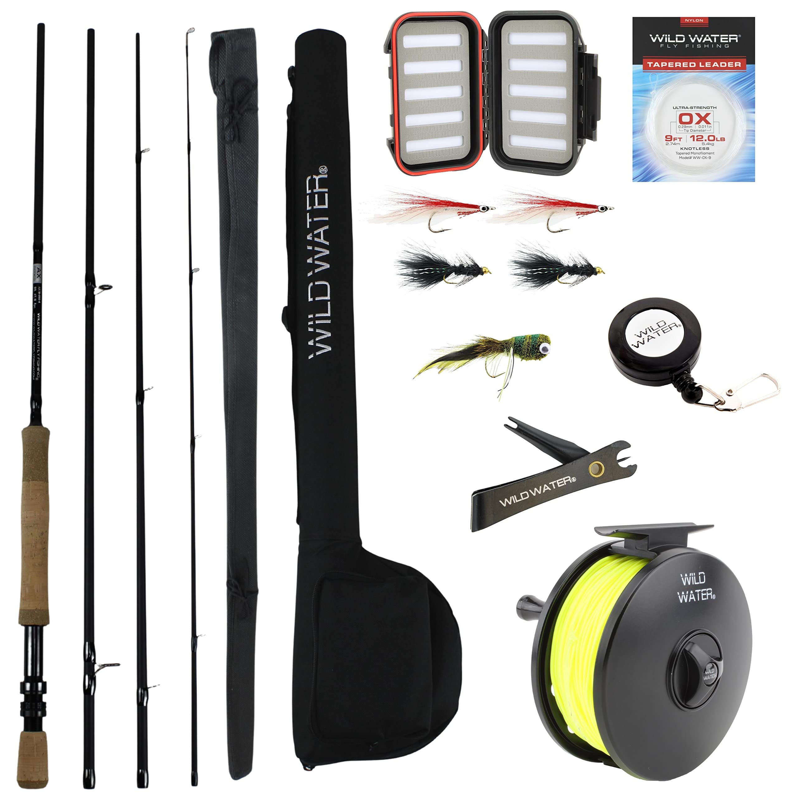 Wild Water Fly Fishing 9 Foot, 4-Piece, 7/8 Weight Fly Rod Complete Fly Fishing  Rod and Reel Combo Starter Package with Freshwater Flies