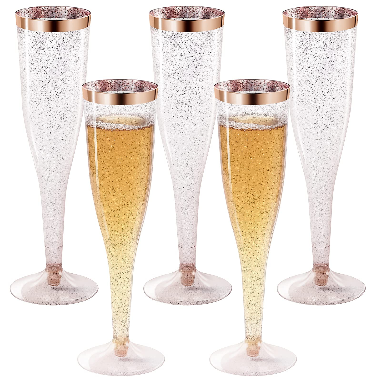 Rose Gold Plastic Champagne Flutes Disposable - Rose Gold Glitter