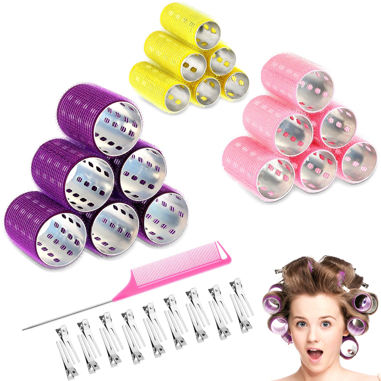 37 Pieces Aluminium Thermal Hair Rollers Set 3 Sizes Self Grip Hair Rollers  18 Pieces Duckbill Hair Clips, Comb Hairdressing Styling Tool, Random Color  for Women, Men ( Inch,  Inch,  Inch) 37 Piece Set