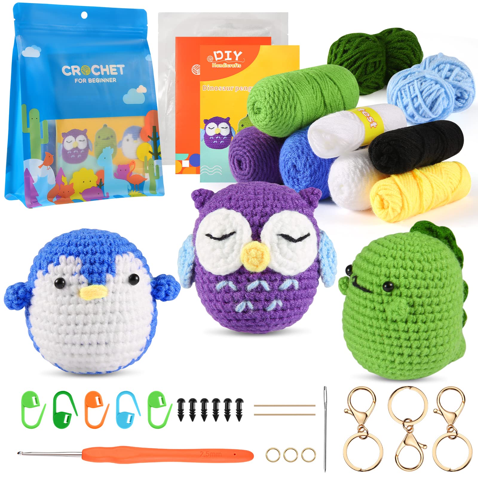 Zeitlicht Crochet Kit for Beginners, Crochet Starter Kit for Adults and  Kids Complete Crochet Set to Make 3 PCS Animals, Learn to Crochet with  Step-by-Step Instruction and Video (Penguin+Dinosaur+Owl)