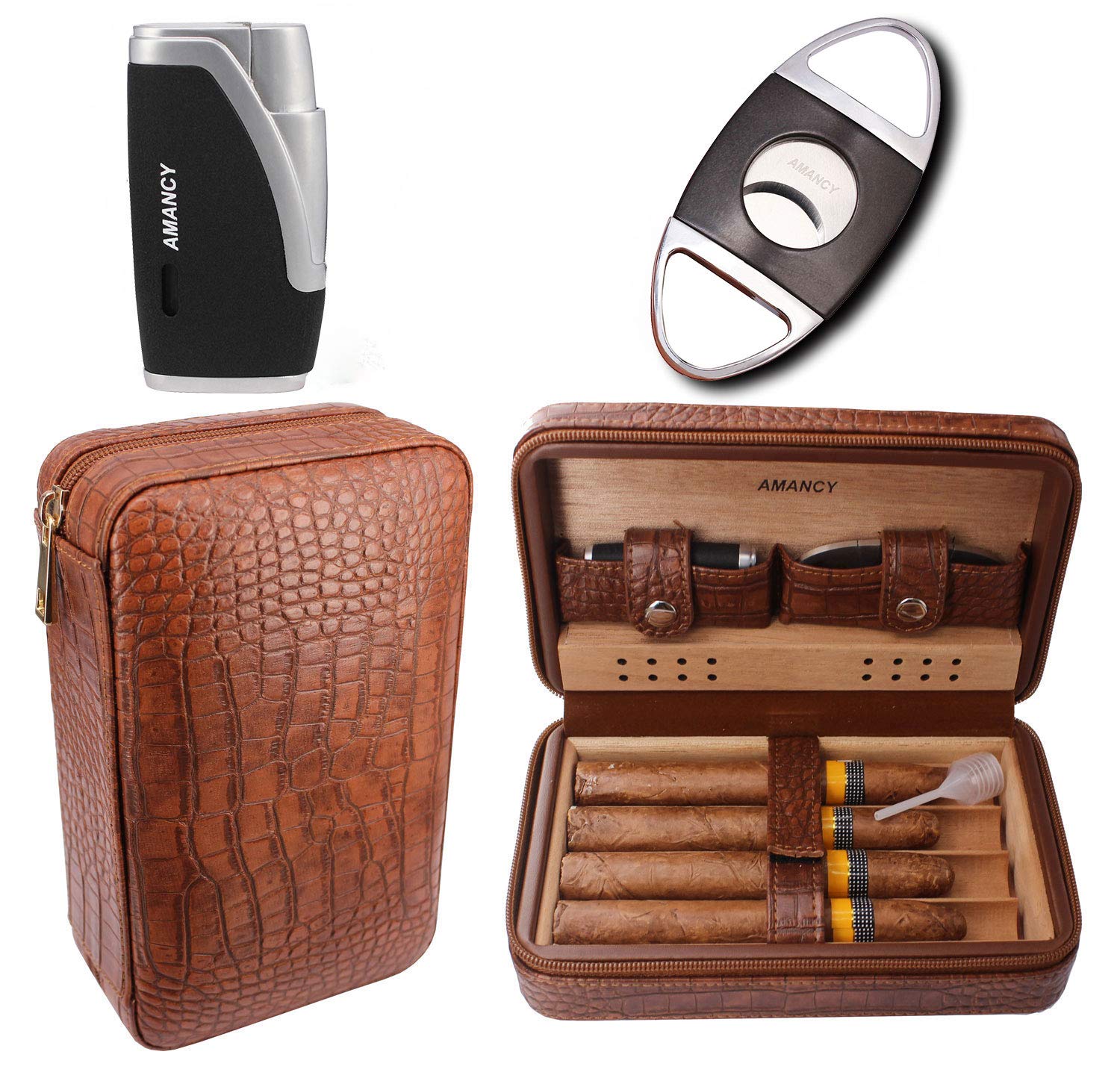 Premium Brown Cigar Travel Case W/Cutter Lighter Set