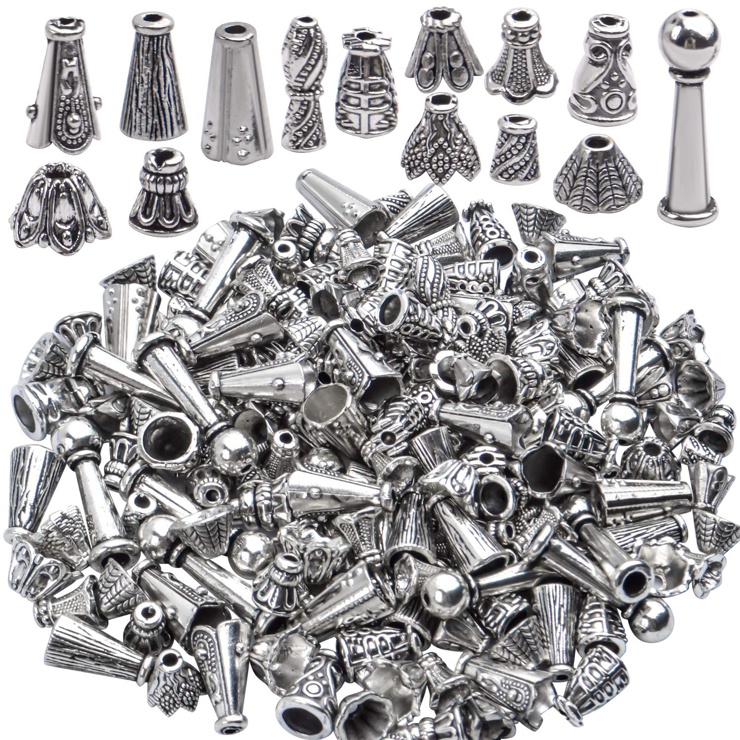 100 Gram (About 130-190pcs) Antique Silver Cone Bead Caps Flower End Caps  Tassel End Cap for Jewelry Making Crafts DIY