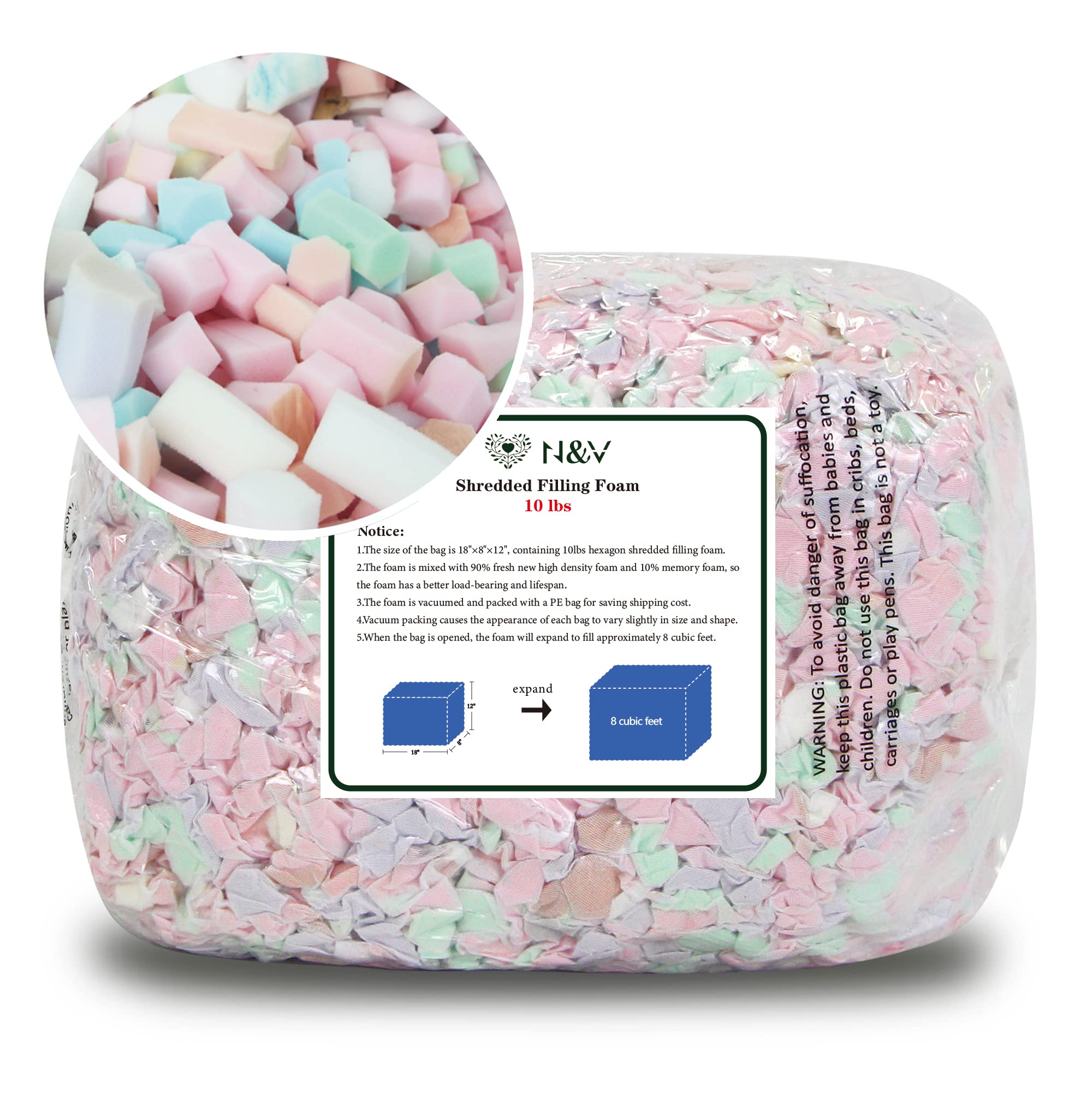 N&V Shredded Foam Filling Bean Bag Refill Safe and Healthy High Density  Foam Odorless and Allergen Free Perfect Stuffing for Bean Bags, Plush,  Pillows, Dog Beds, Cushions and Crafts. (10 Pound) 10LB