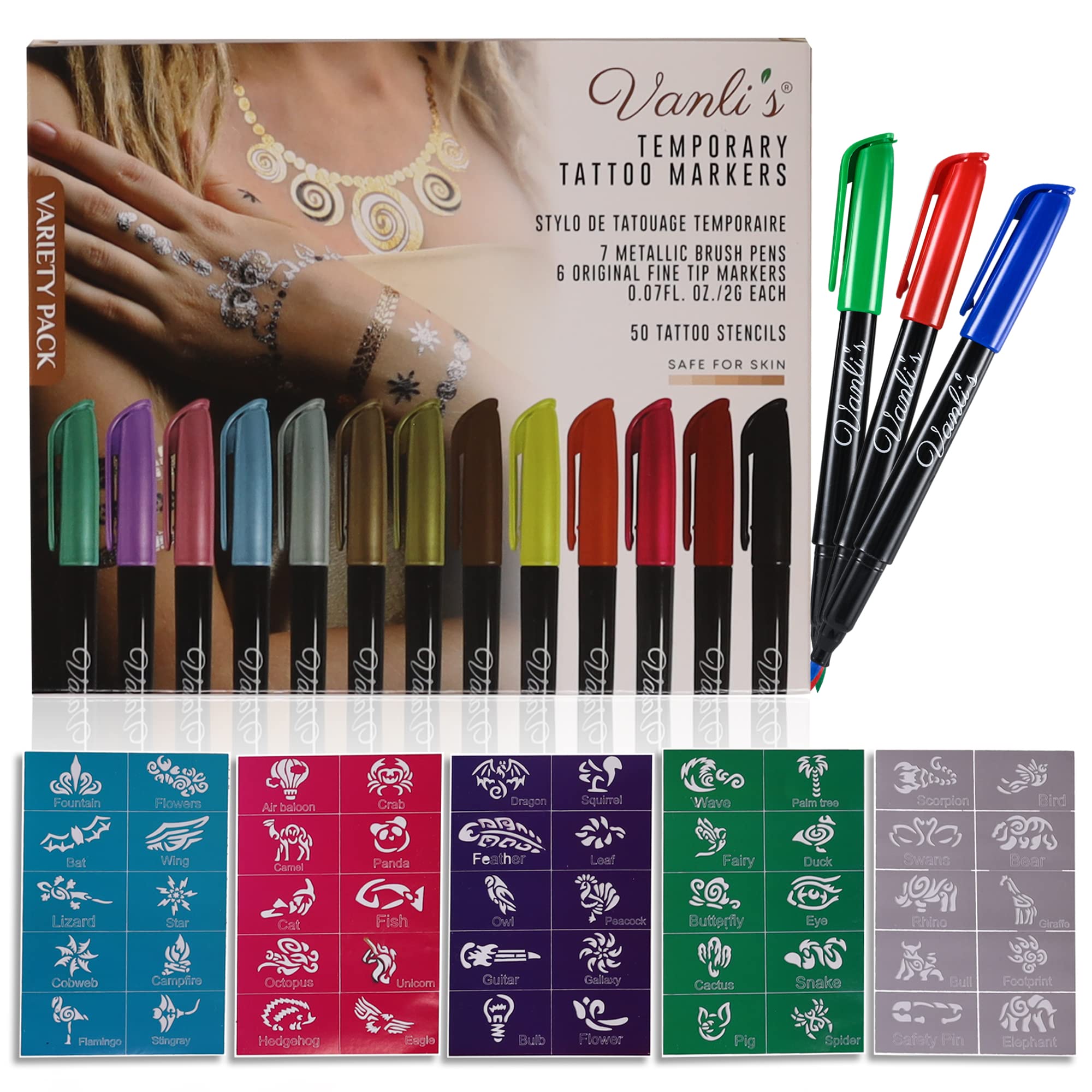 Vanli's Temporary Tattoo Markers - Stocking Stuffers For Teens, Kids,  Adults, Trendy Tattoo Kit, Skin Safe & Colored Ink Tattoo Pens for Body &  Face Art with 50 Tattoo Stencil Papers, 13 Pens-Variety