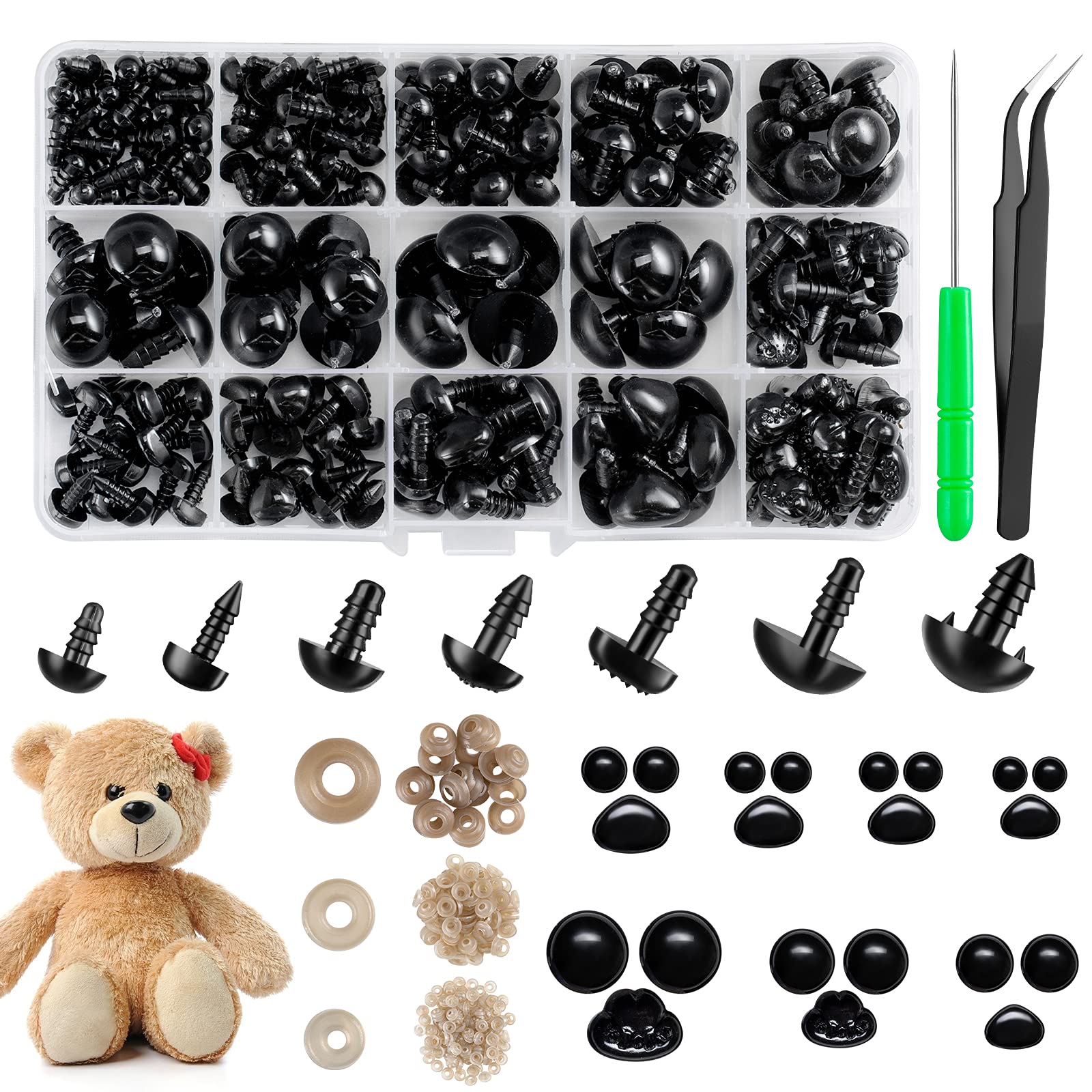 Safety Eyes and Noses Plastic Craft Eyes and Teddy Bear Nose for Amigurumi  with Washers Crochet and Tweezers for Doll Making Supplies