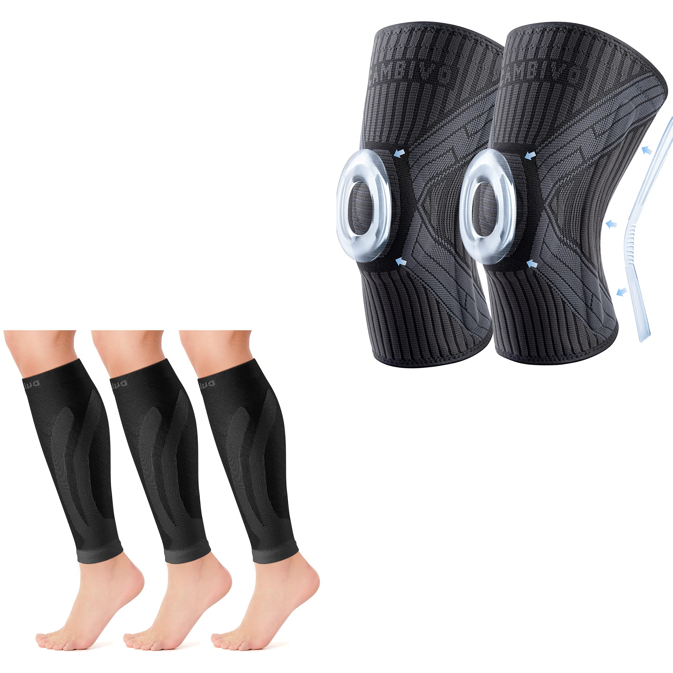 CAMBIVO 3 Pairs Calf Compression Sleeve bundled with 2 Pack Knee Brace with  Side Stabilizers 