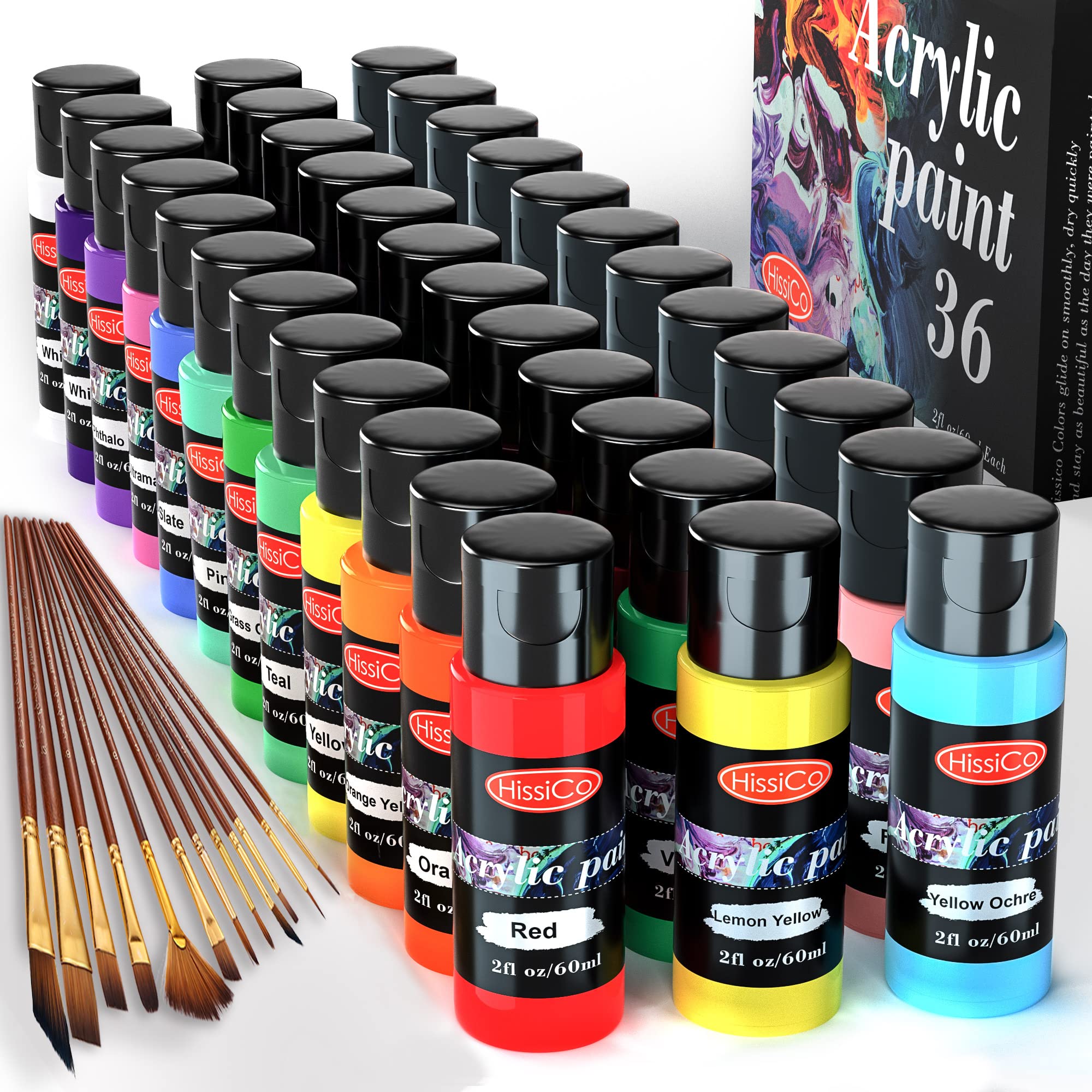 Acrylic Paint Set of 36 Colors 2fl oz 60ml Bottles with 12 Brushes Non  Toxic 36 Colors Acrylic Paint No Fading Rich Pigment for Kids Adults  Artists Canvas Crafts Wood Painting 36
