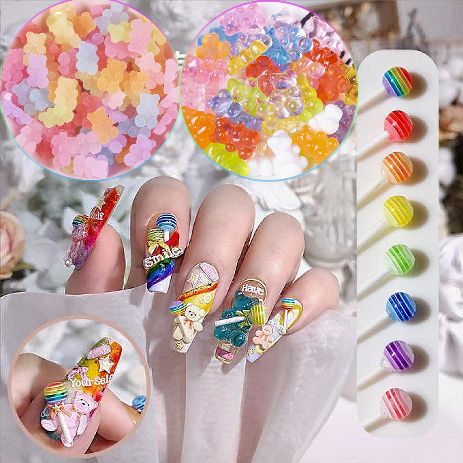 130Pcs 3D Gummy Bear Candy Nail Charms 3D Lollipop Candy Gummies Bear Nail  Art Charms Colorful Resin Acrylic Bear Candy Cute Nail Charms for Nail DIY  Crafting A…