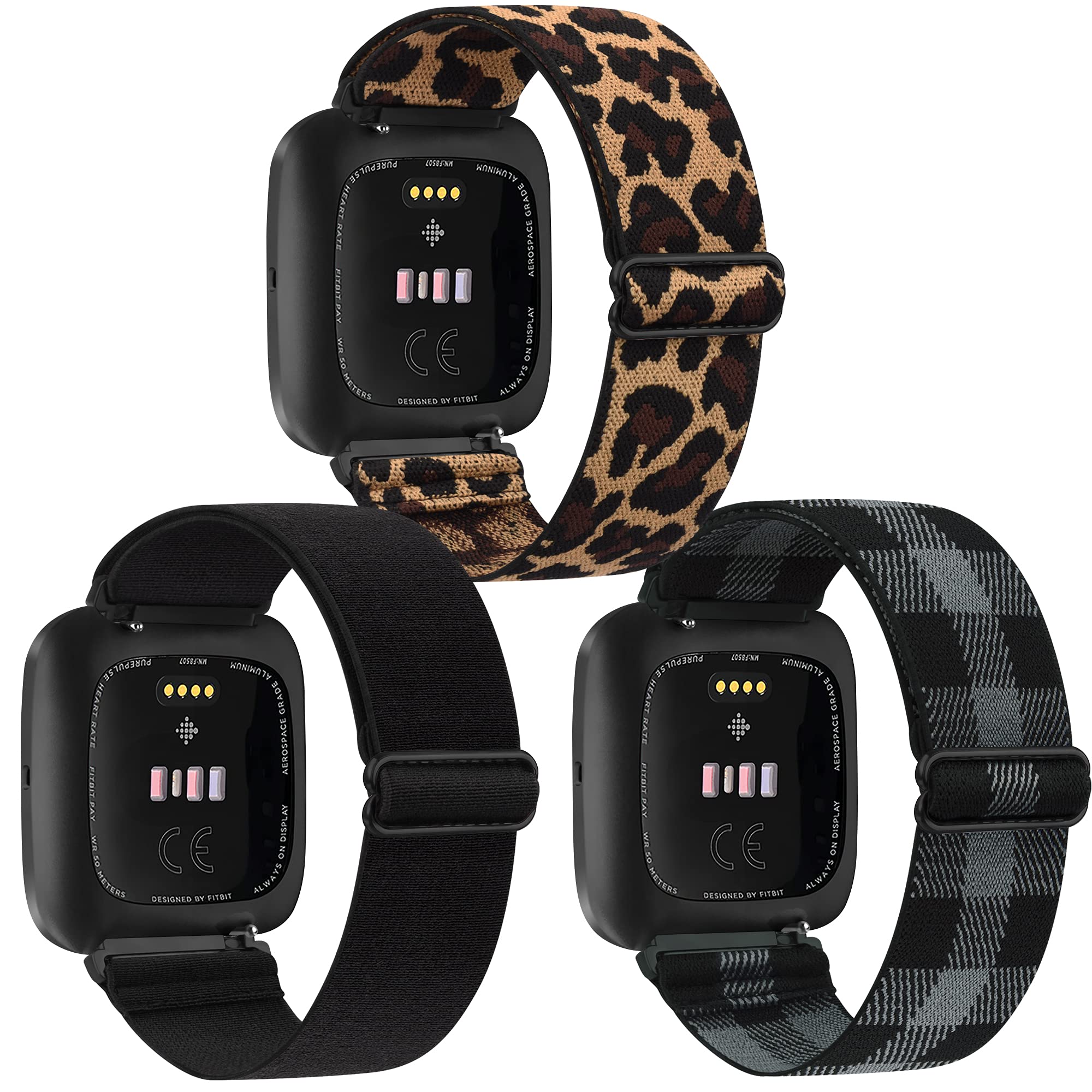 Amzpas 3 Pack Adjustable Elastic Watch Bands Compatible with Fitbit Versa 2/ Versa/Versa Lite Special Edition Soft Stretchy Loop Bracelet Women Men  Replacement Wristbands for Fitbit Versa 2 Smart Watch Black, Leopard, Black…