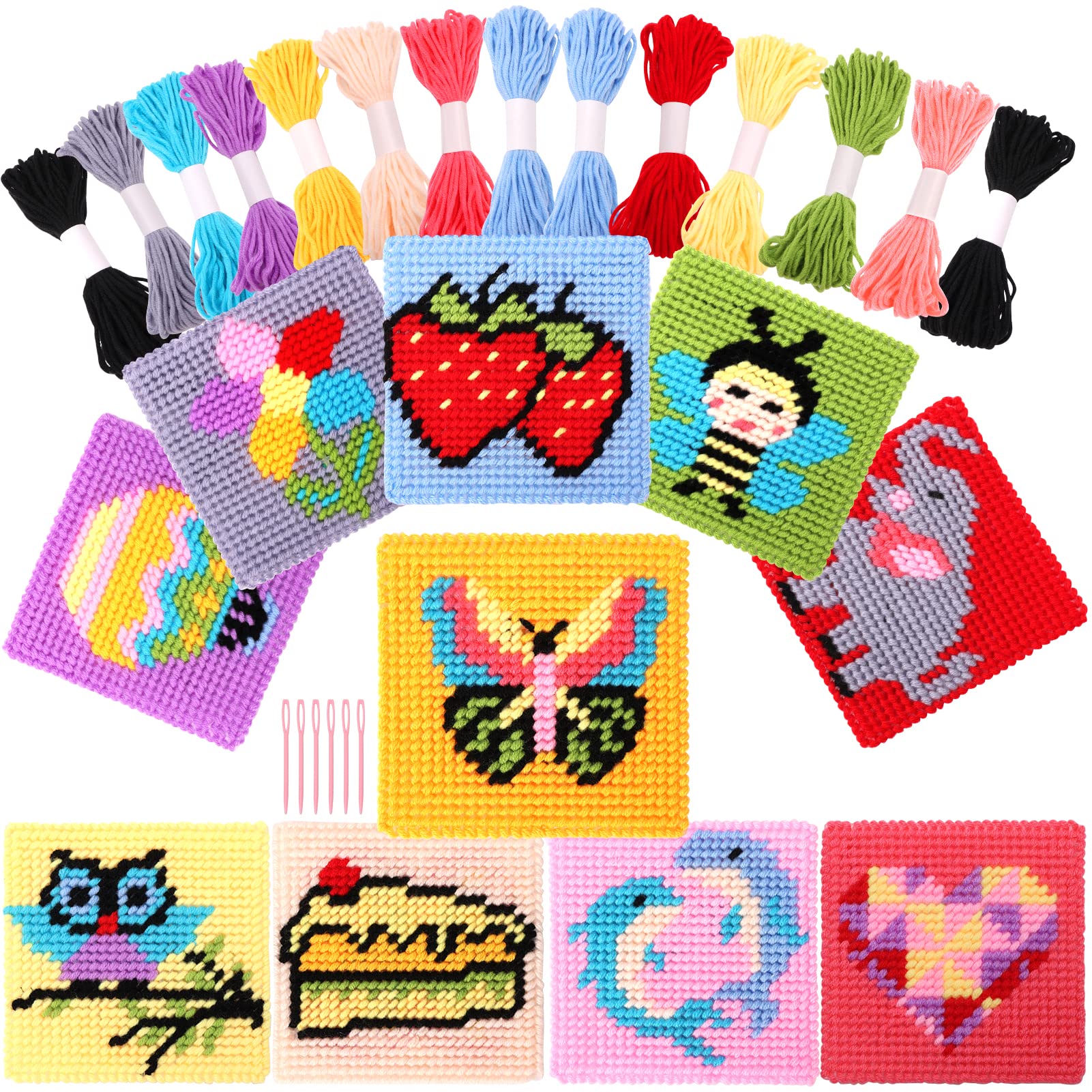 Pllieay Kids 10-in-1 Cross Stitch Beginner Kit for Kids Includes  Instruction of 10 Different Patterns 10 Blank Plastic Canvas for Needlework  and 14 Colored Threads Needlepoint Starter Sewing Set