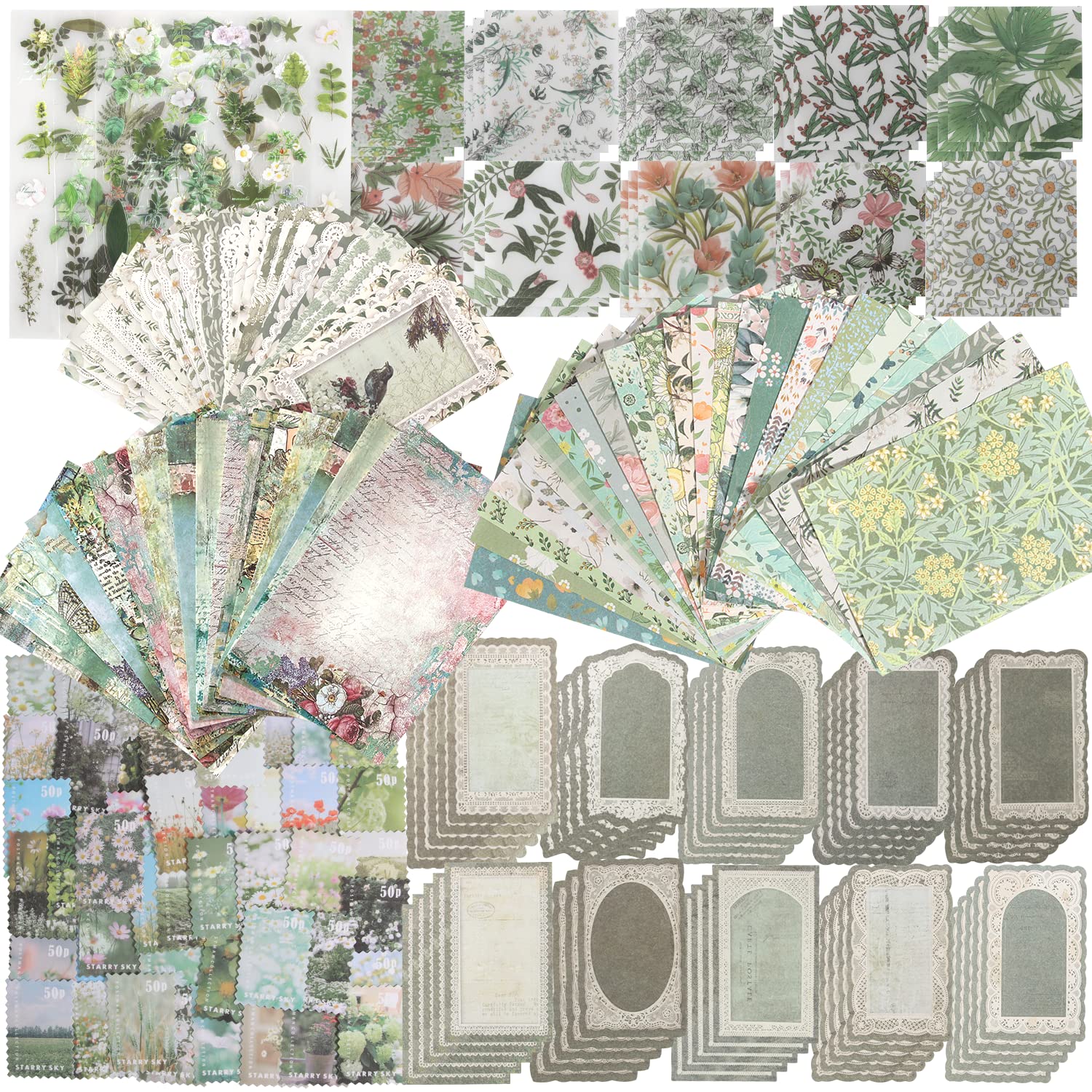 378pcs Scrapbook Kit Green Vintage Scrapbook Paper Aesthetic Scrapbook  Stickers Floral Plant Sticker Craft Paper Scrapbooking Supplies Stationery  A5 Notebook Tape Girls Women Bullet Junk Journal Kit Luxuriant Green