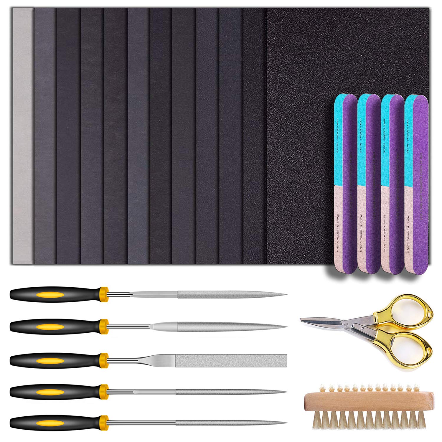 Resin Sanding and Polishing Kit,23 Pieces YASPIT Resin Casting Tools Set,  Include Sand Papers,Resin File,Polishing Blocks,Scissors,Wooden Brush for