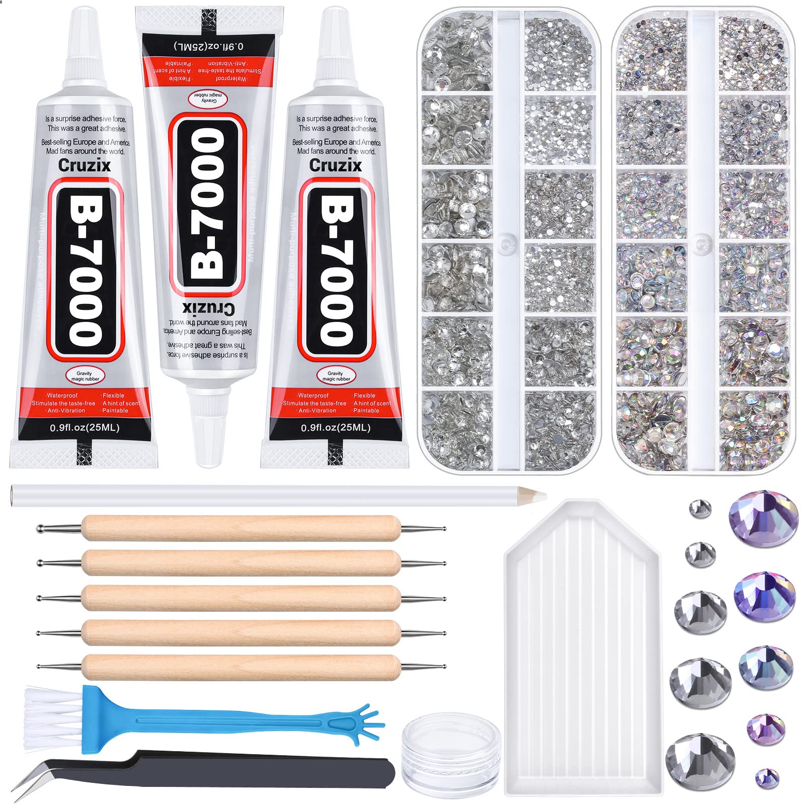 B7000 Clear Glue Bedazzler Kit with Rhinestones 4013PCS Rhinestone Gems 3  PCS 25 ML B-7000 Adhesive Bead Glue Jewelry Kit for Tumblers Craft Clothes  Fabric Nail Art DIY (Paradise Shine Crystal Clear)