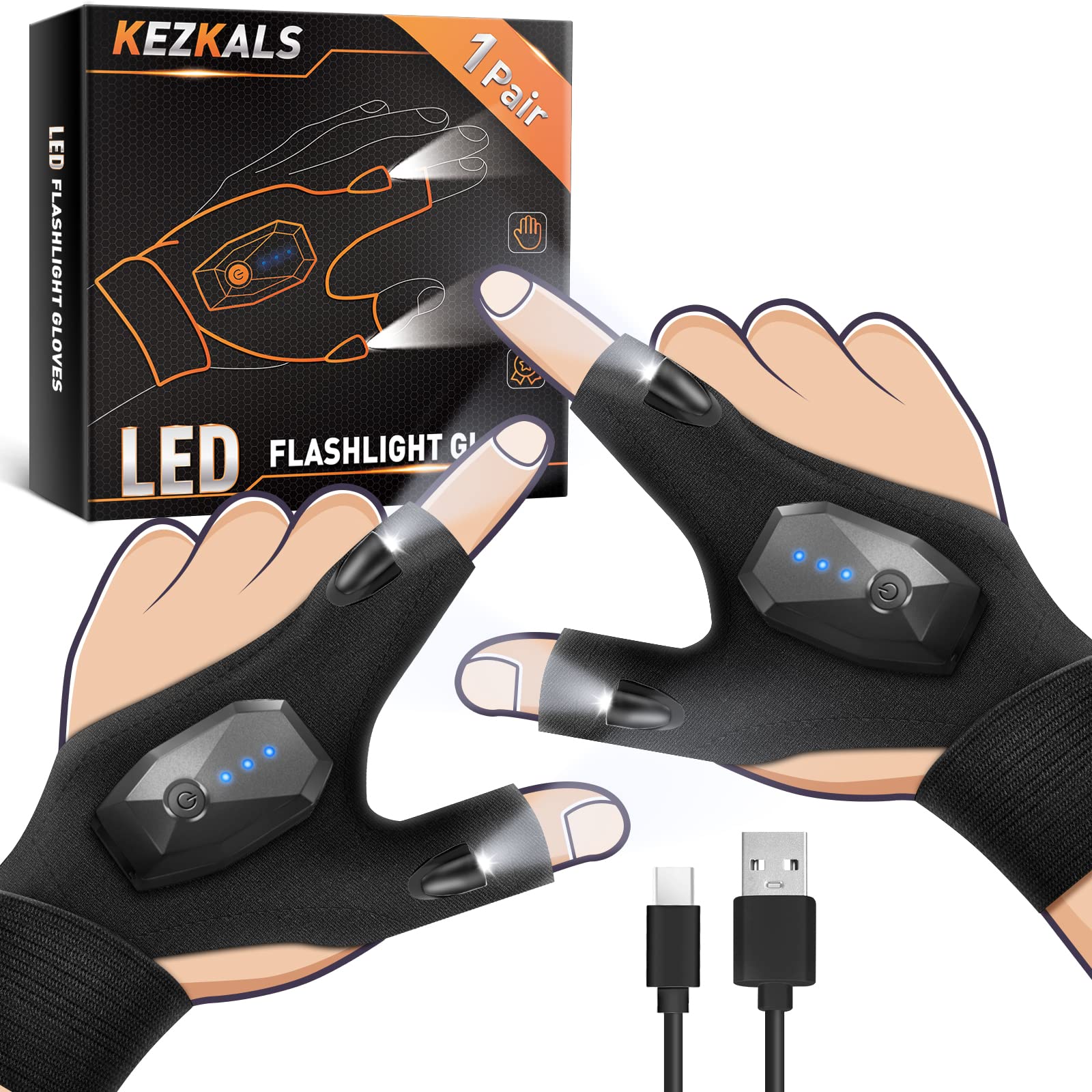 KEZKALS Gifts for Men, LED Rechargeable Flashlight Gloves, Cool
