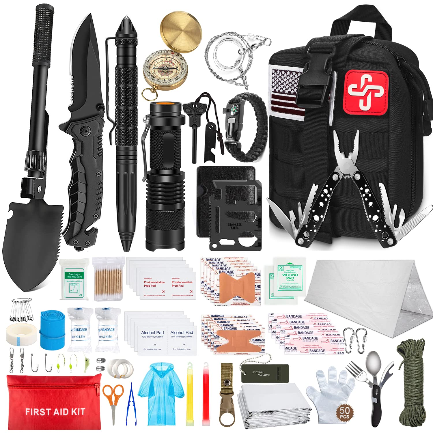 EMFACAMP Survival Kit and First Aid Kit - Survival Gear and Equipment – Bug  Out Bag Survival Kit - Camping Accessories with Axe, Shovel, Knife –