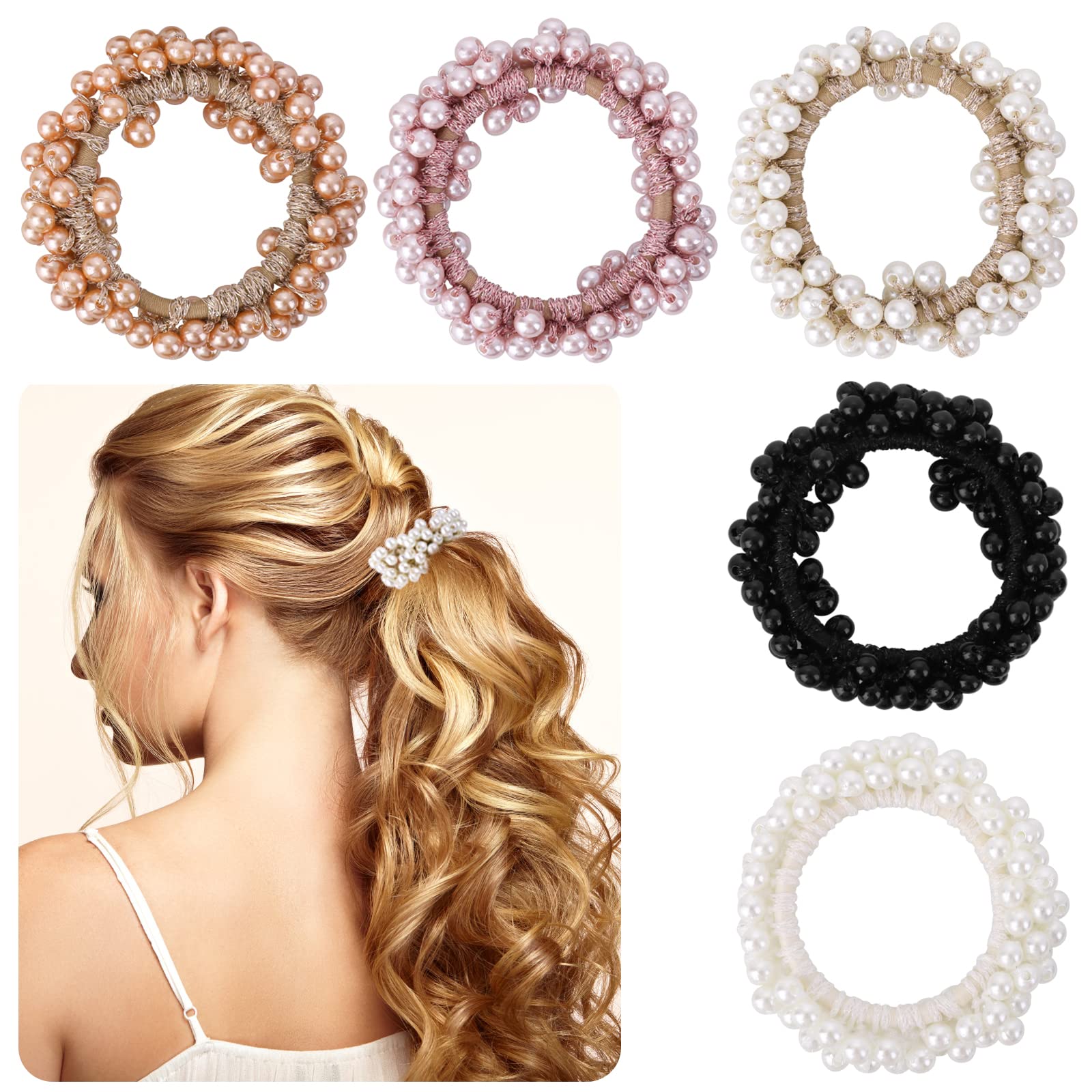 5PCS Pearl Hair Ties Elastic Hair Scrunchies Fancy Stretchy Rhinestone Hair  Bands Bead Ponytail Holders Hair Ropes Hair Accessories for Women and Girls  Gift (Champagne Pink Pearl white Black White)