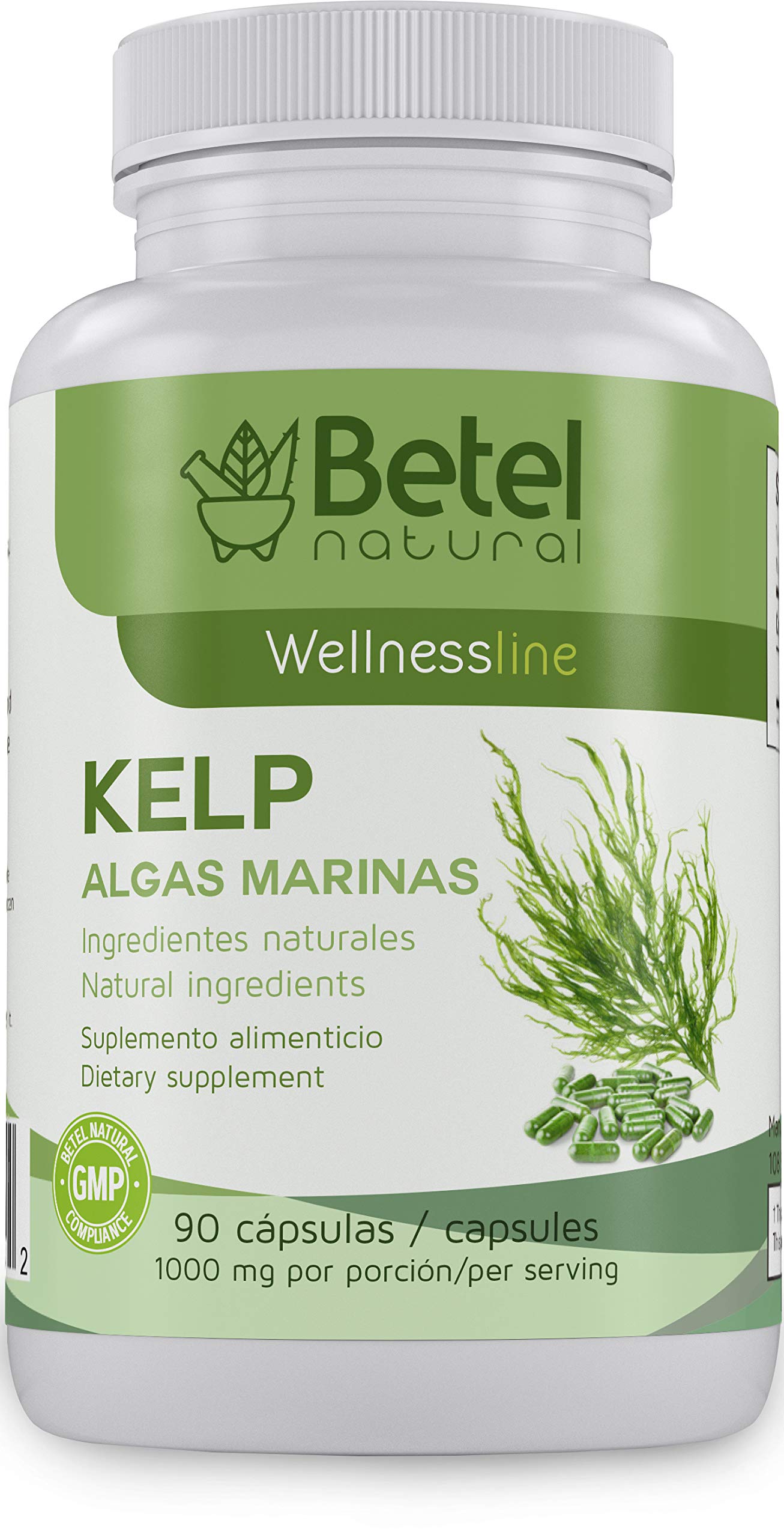 Algas Marinas/Kelp 90 Capsules by Betel Natural - 1000 mg per Serving -  Natural Iodine and Sea Nutrients