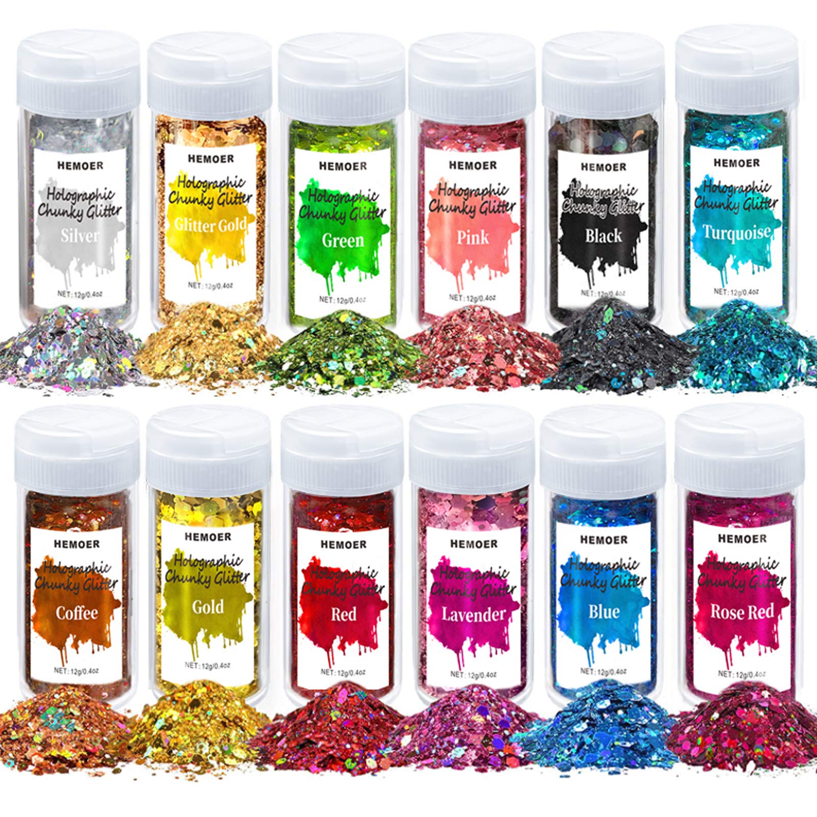 HEMOER Holographic Chunky Glitter, 12 Colors Chunky Glitter