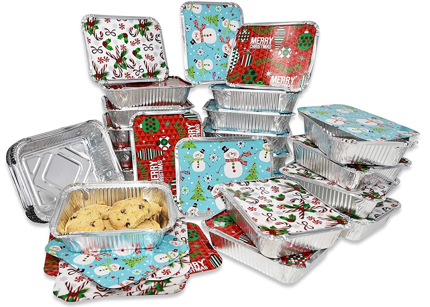 Gift Boutique 36 Count Christmas Tin Foil Containers with Lid Covers For  Cookies in 3 Holiday Designs Aluminum Disposable Food Storage Pans For  Treat Exchange & Goody Party Leftovers 5W X 7L X