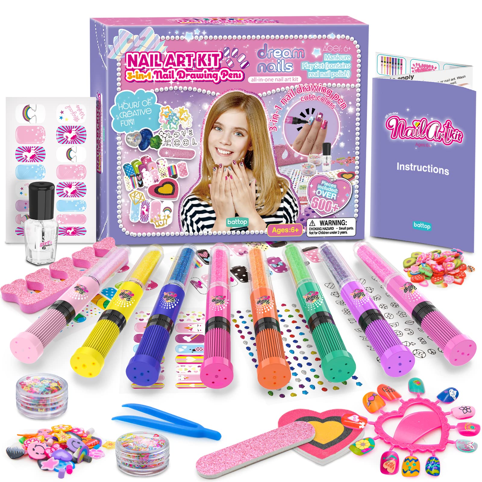 BATTOP Kids Nail Polish Set for Girls Nail Art Kit for Girls Ages