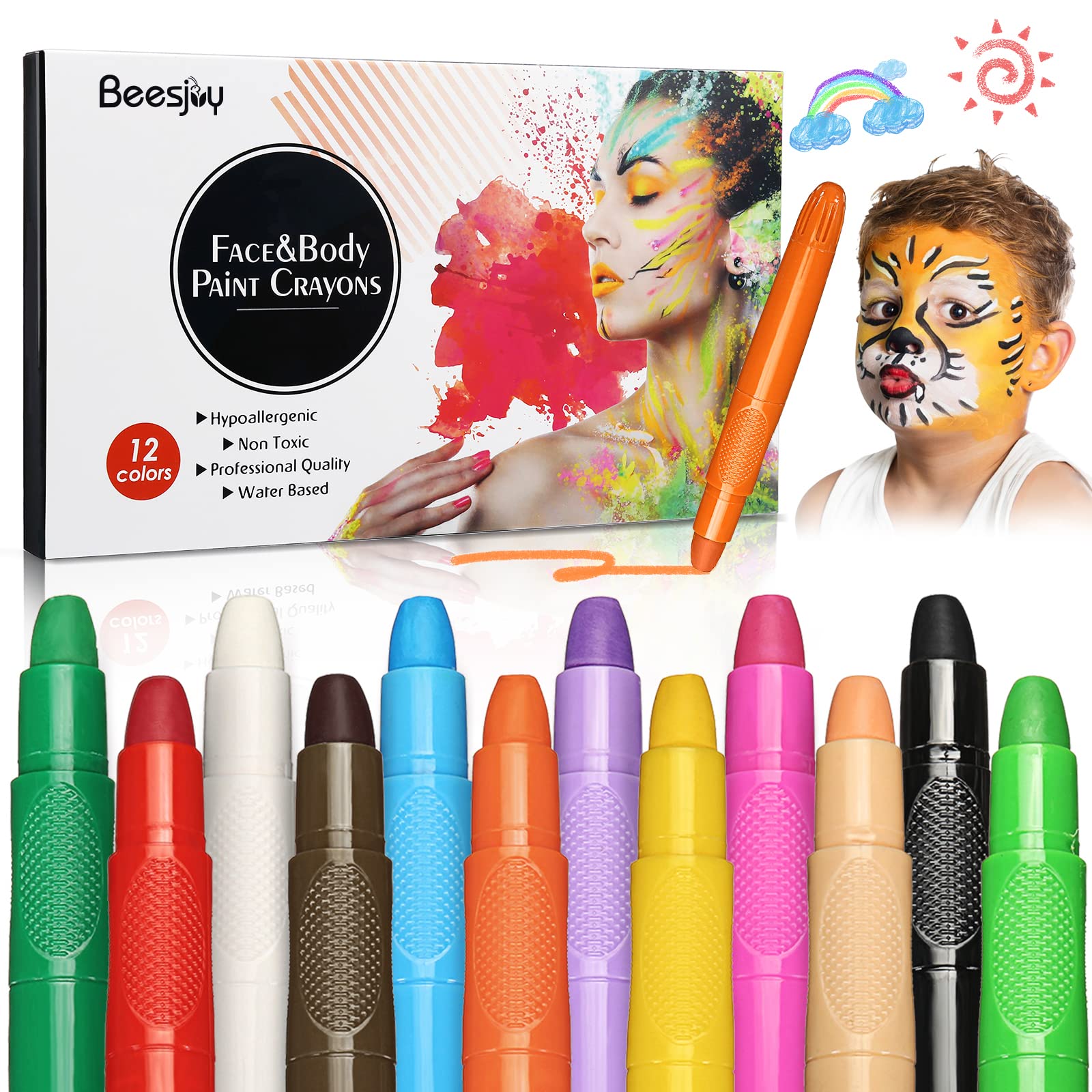 Beesjuy Face Painting Kits for Kids,12 Color Water Based Face Paint Kit,  Washable Kids Body Paint for Makeup, for Birthday, Halloween, Thanksgiving  Day, Cosplay Makeup, Gifts for Kids/Children