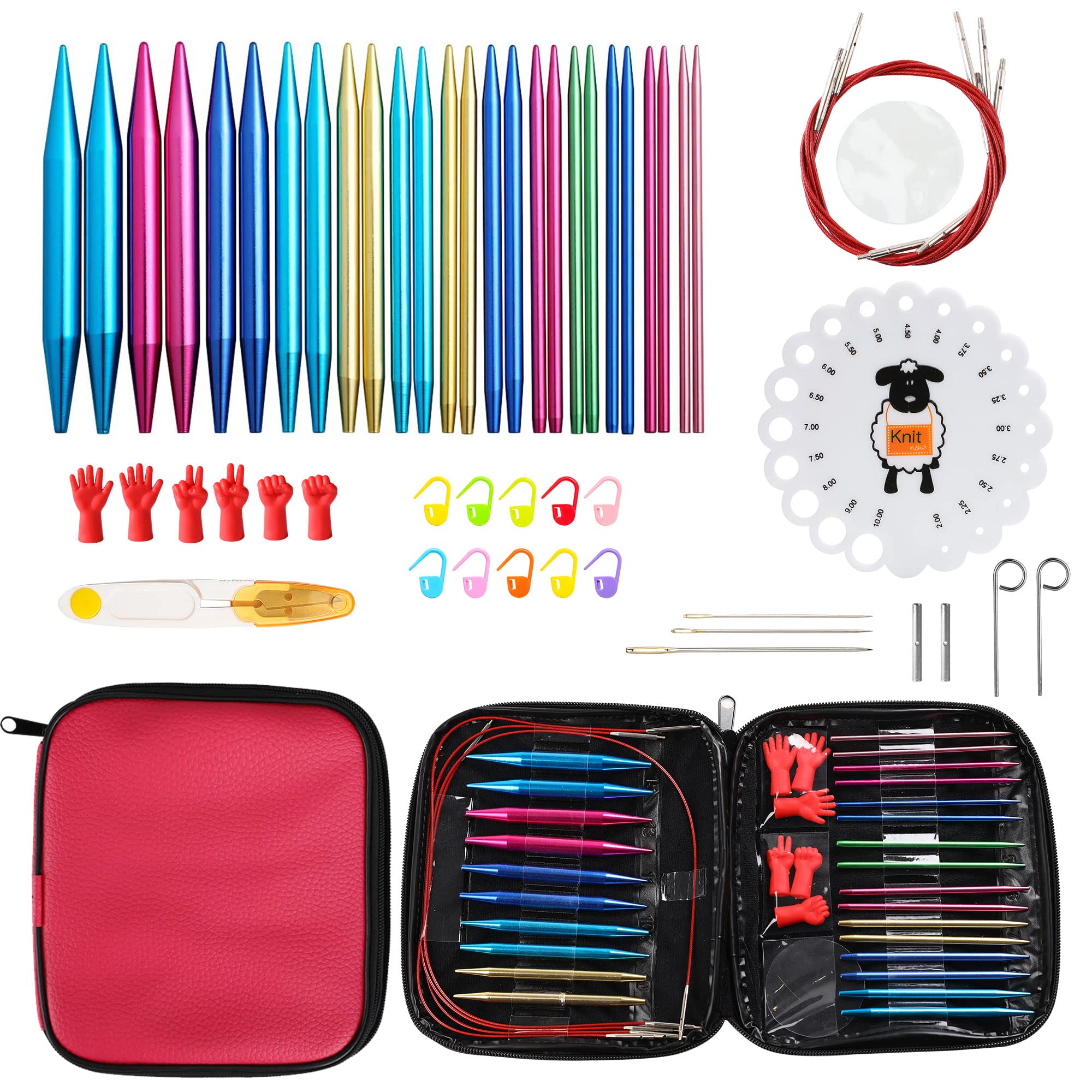 LOOEN 37pcs Aluminum Circular Knitting Needles Set with Ergonomic Handles  13 Size Interchangeable Crochet Needles with Storage Case for Small Project  (Style 1) Rose Red