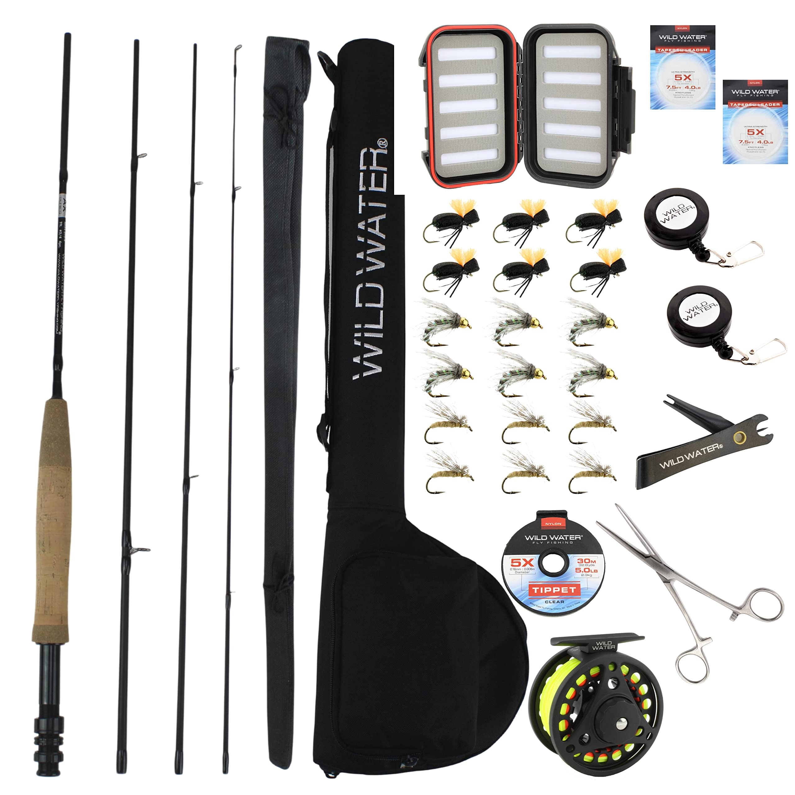 Wild Water Deluxe Fly Fishing Combo Starter Kit, 7-Foot Pole, 4-Piece Fly  Rod Kit, 3/4 Weight, Fishing Accessories, Includes Die cast Aluminum Reel  and Hard Tube Case with Pouch, Fly Box and
