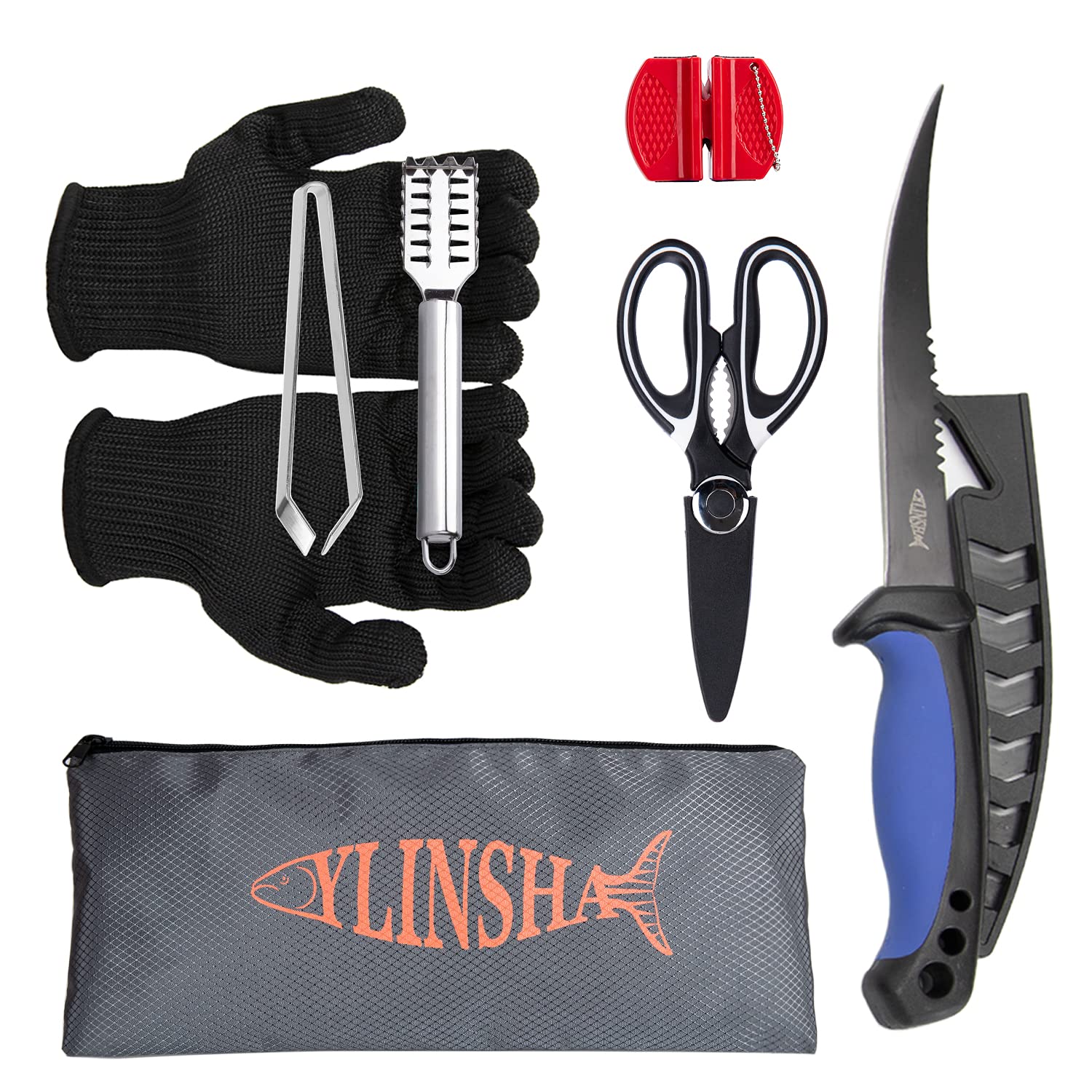ylinsha Fish Cleaning Kit Fishing Knife 7 PC set coated Bait Knife, Fish  Knife, Fish Scale Cleaning Brush, multi-functional Scissors, anti-cutting  Gloves, Fishbone Tweezers, storage Bag