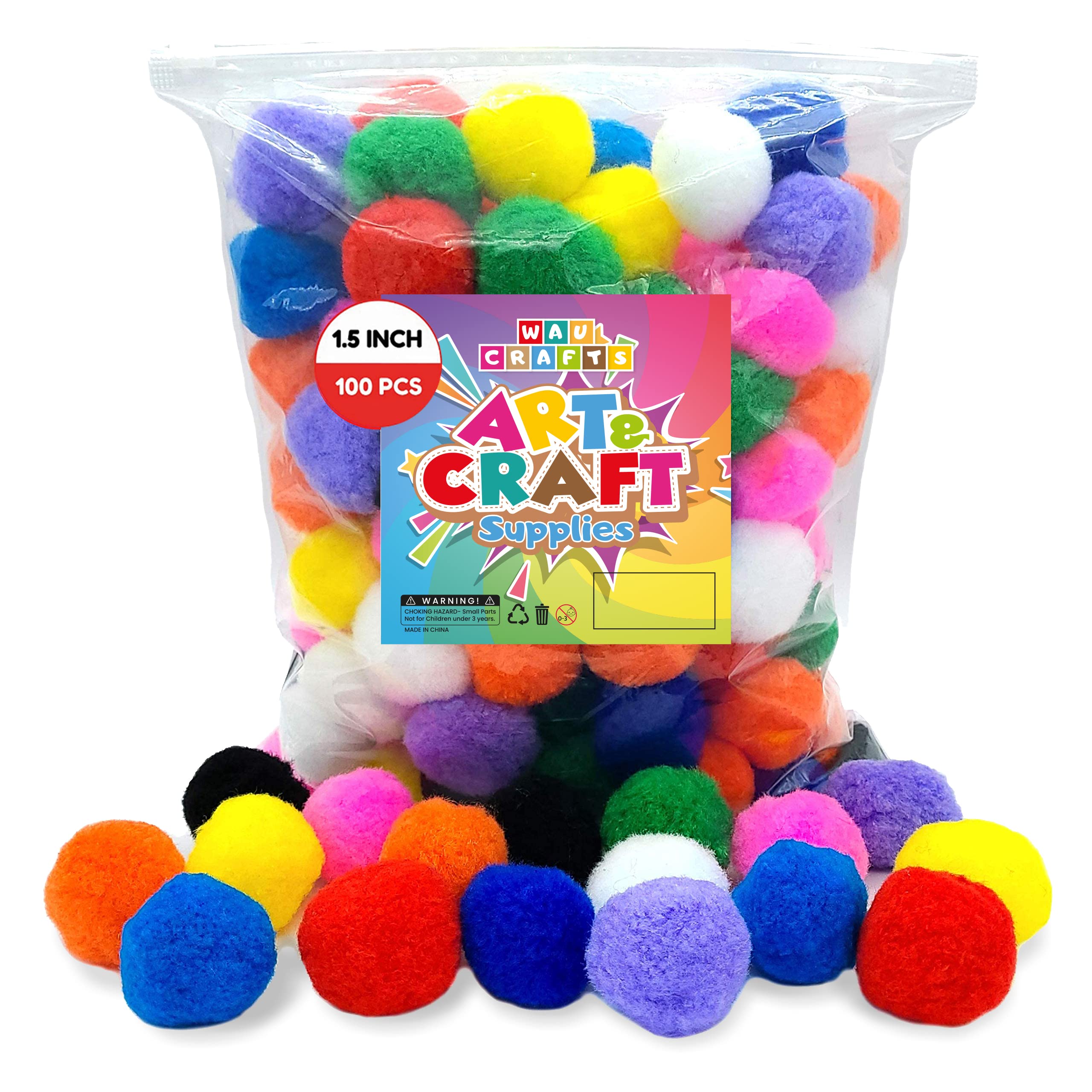 WAU Craft Pom Pom Balls - 100pcs 1.5 inch Multicolored Large Pompoms for  Crafts Art DIY Project in Reusable Zipper Bag 100 1.5 inch