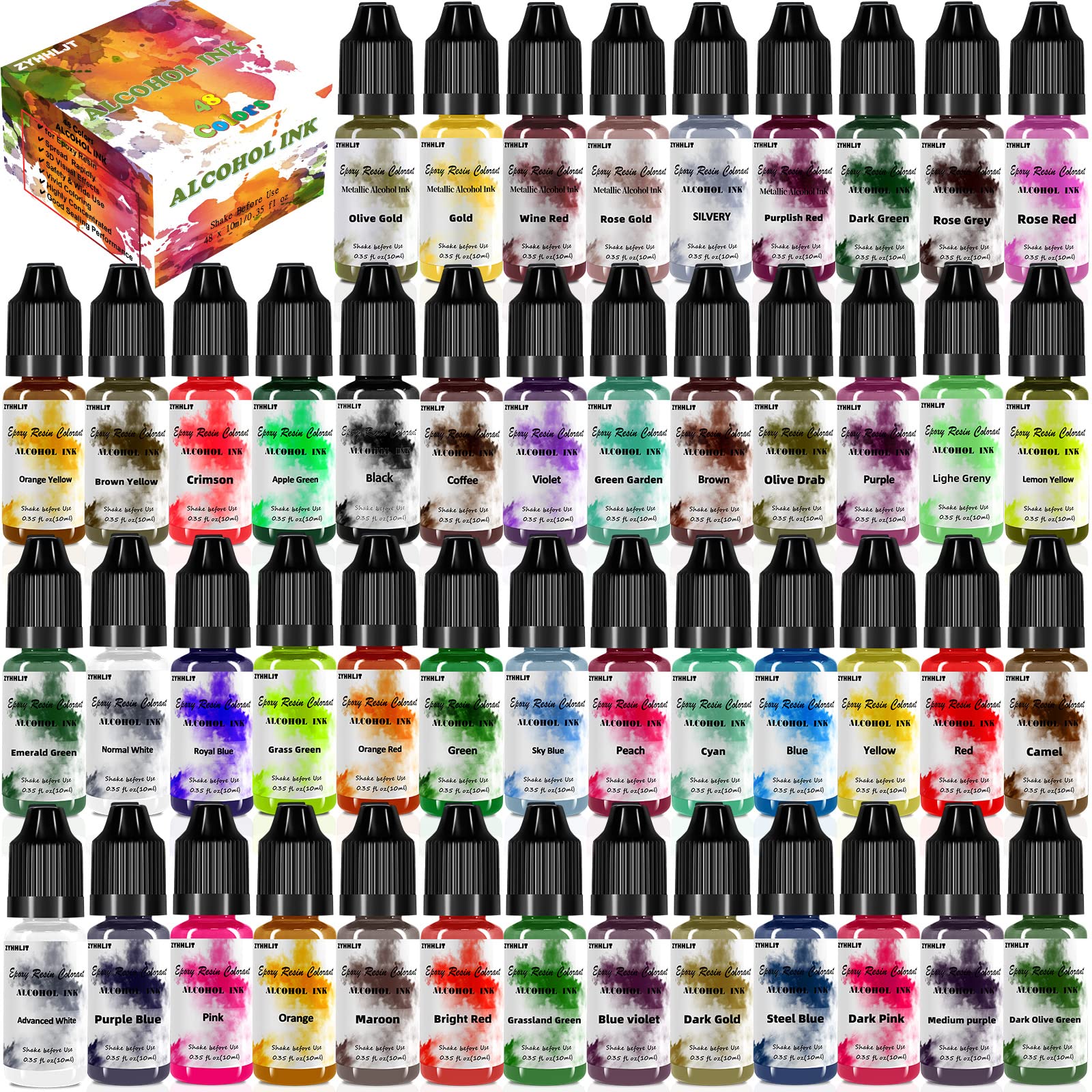 Alcohol Ink Set 48 Bottles Vibrant Colors High Concentrated
