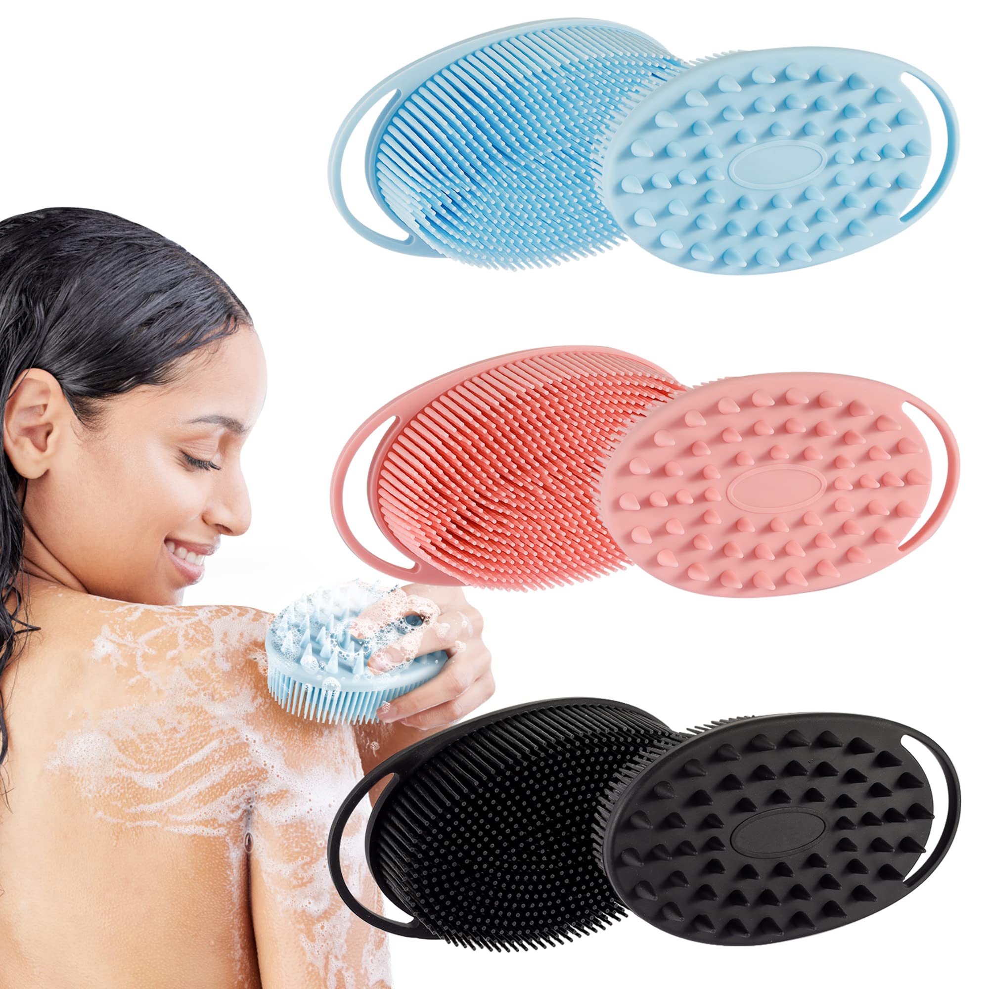 Ousiya Silicone Body Scrubber Loofah Exfoliating Body Brush Shower Scrubber  for Kids Women Men All Kinds of Skin(3 Pack) Pink/Blue/Black