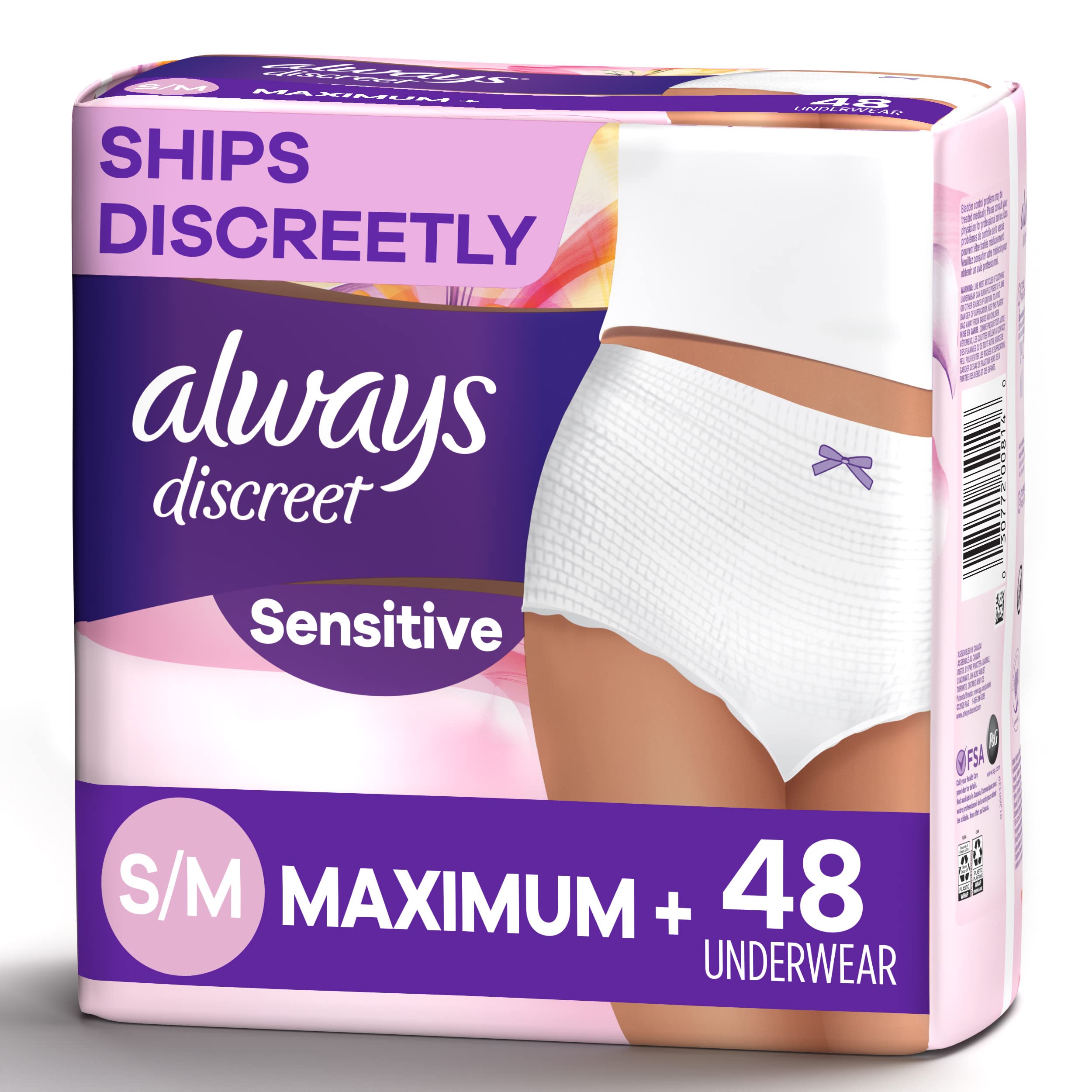 Always Discreet for Sensitive Skin Underwear S/M Maximum Plus Absorbency,  Fragrance-Free, 48 Count Small/