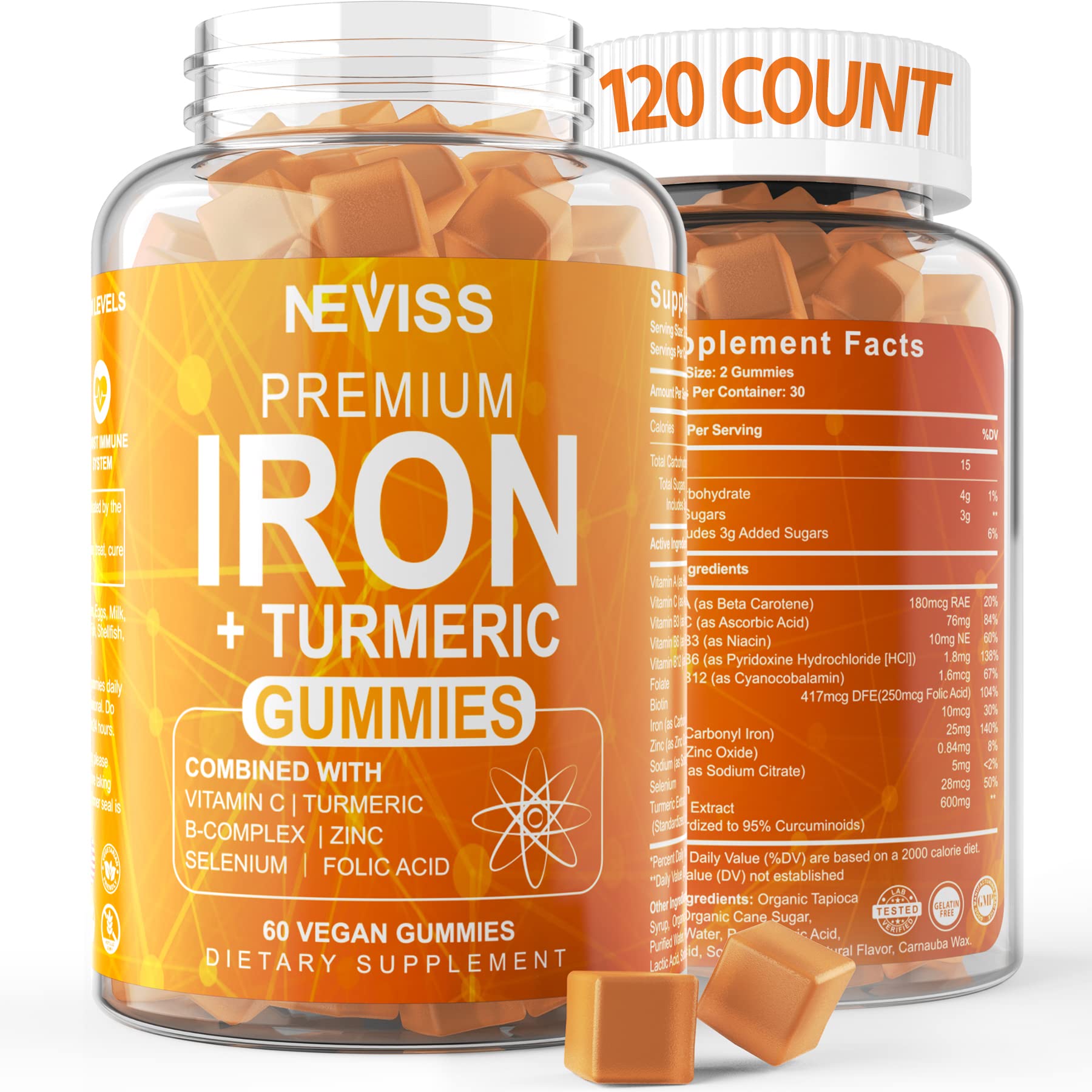 2 Pack Iron Gummies for Women Men 25mg Carbonyl Iron 70