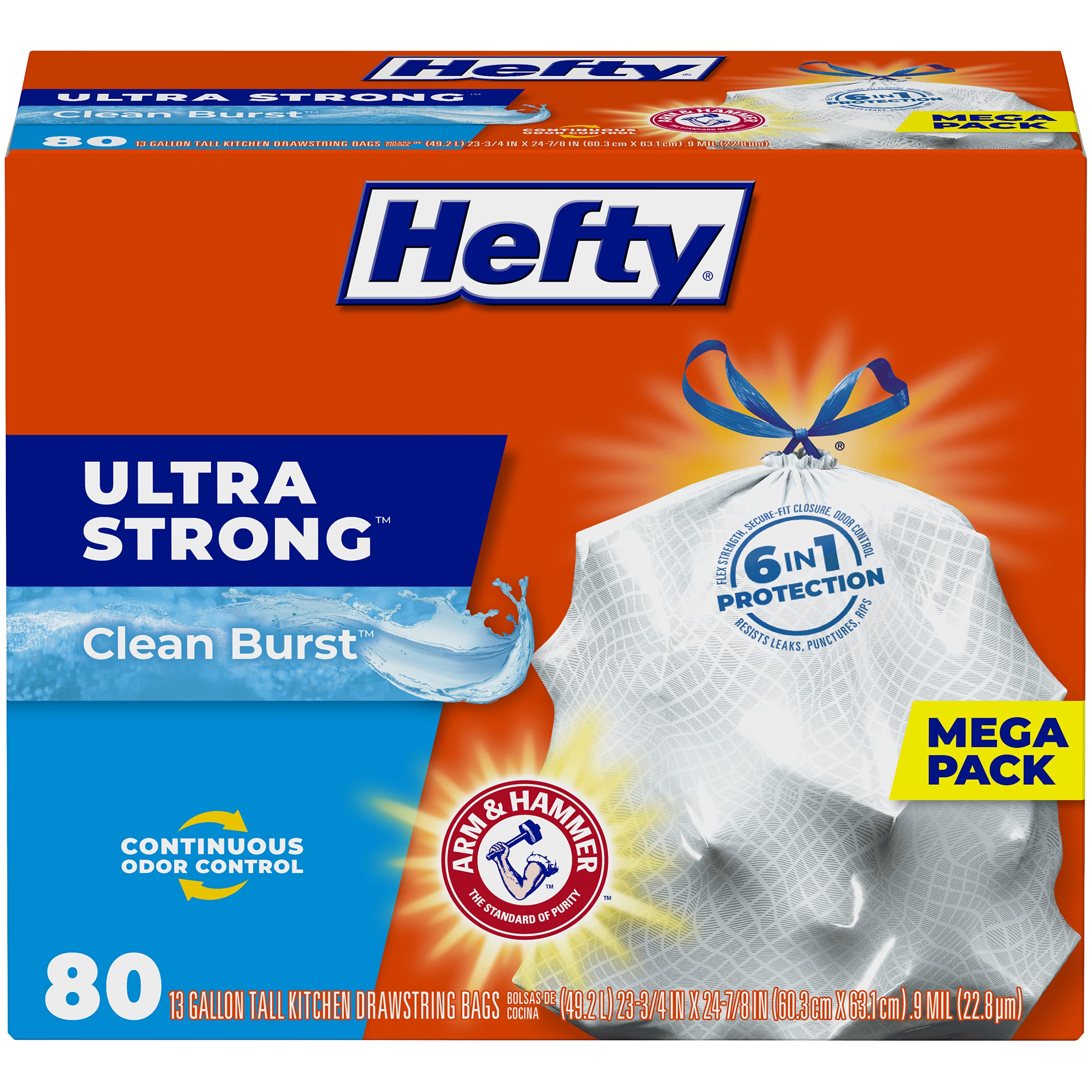 Hefty Ultra Strong Tall Kitchen Trash Bags, Clean Burst Scent, 13