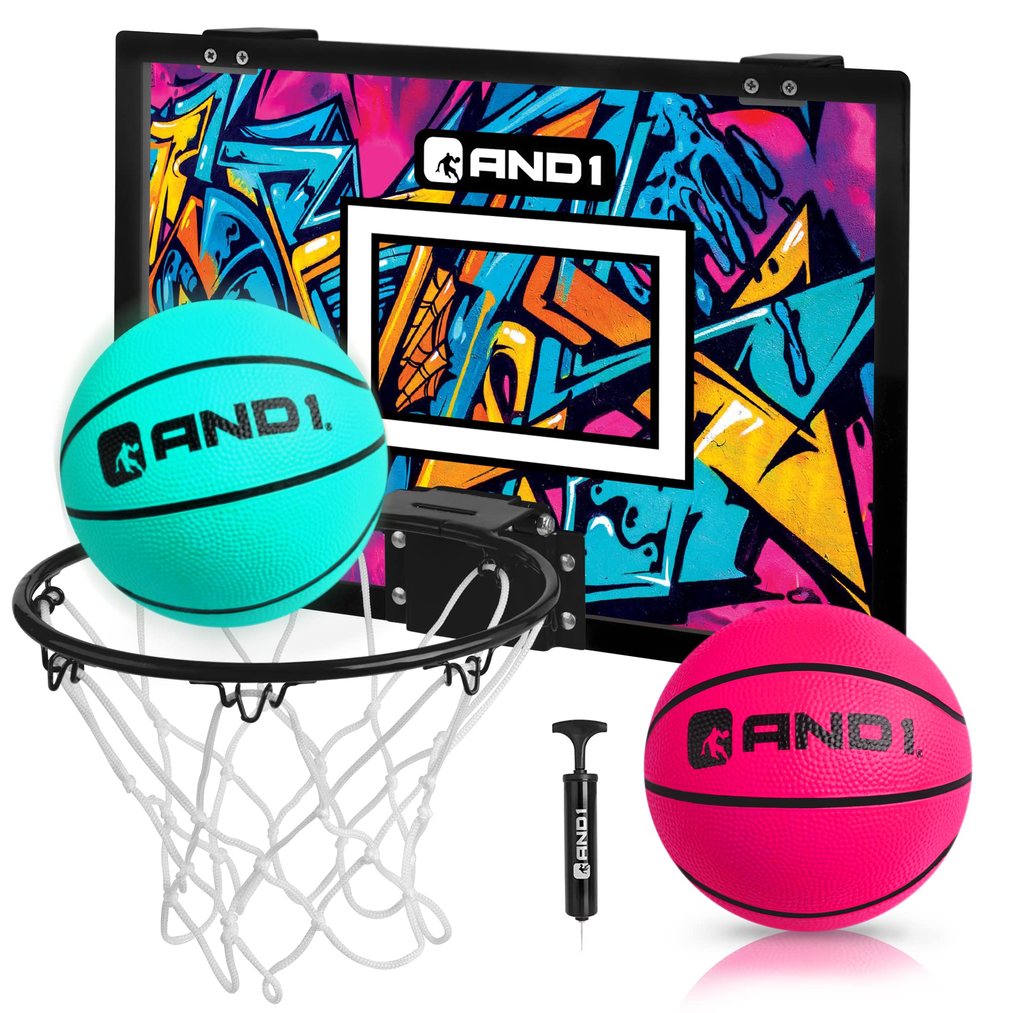 AND1 Over The Door Mini Hoop: - 18x12 Pre-Assembled Portable Basketball Hoop  with Flex Rim, Includes Two Deflated 5 Mini Basketball Teal/Pink Mini Hoop  / Two Balls