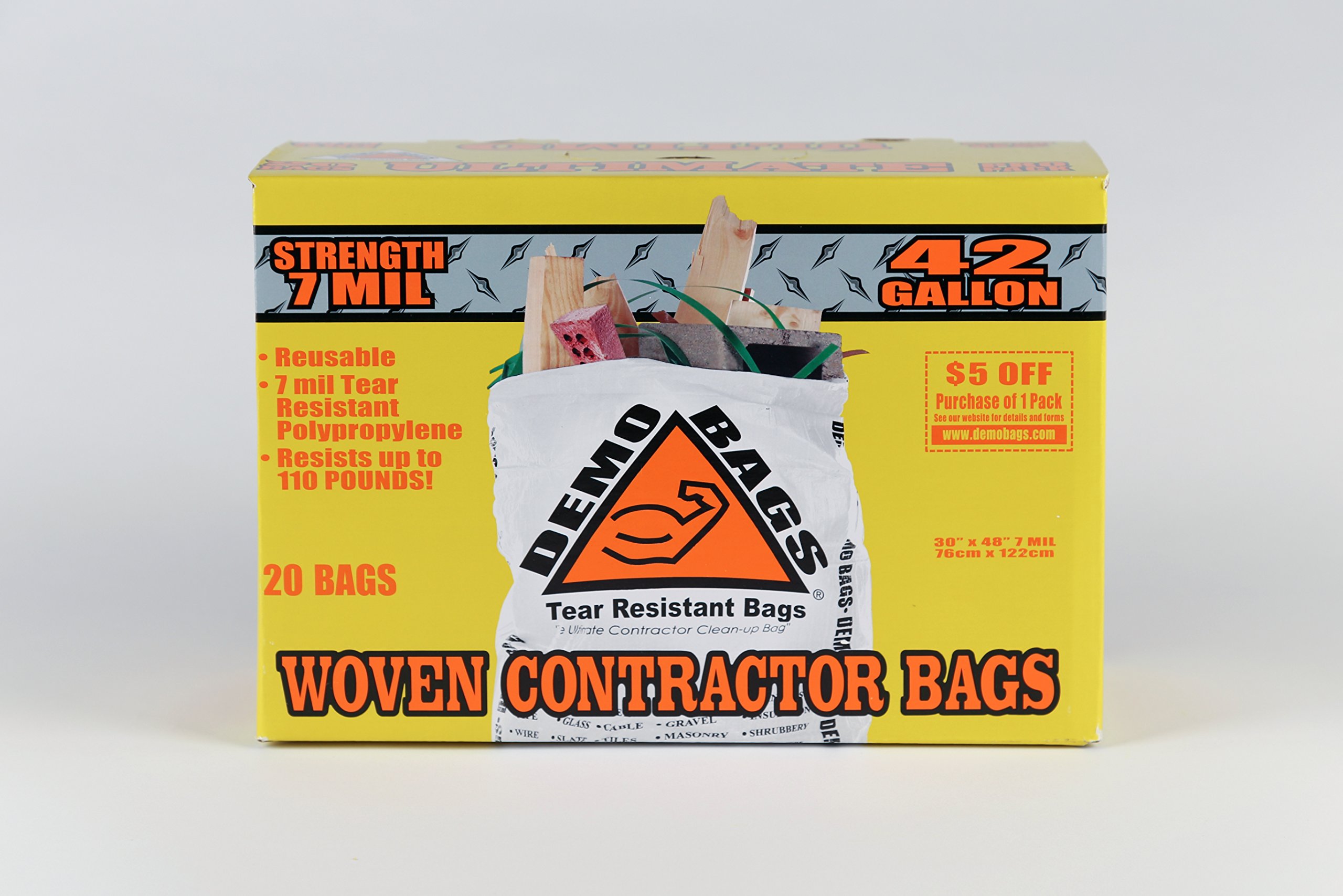 DemoBags Reusable 7 MIL 42-gallon Contractor Trash Bags, 20-count box