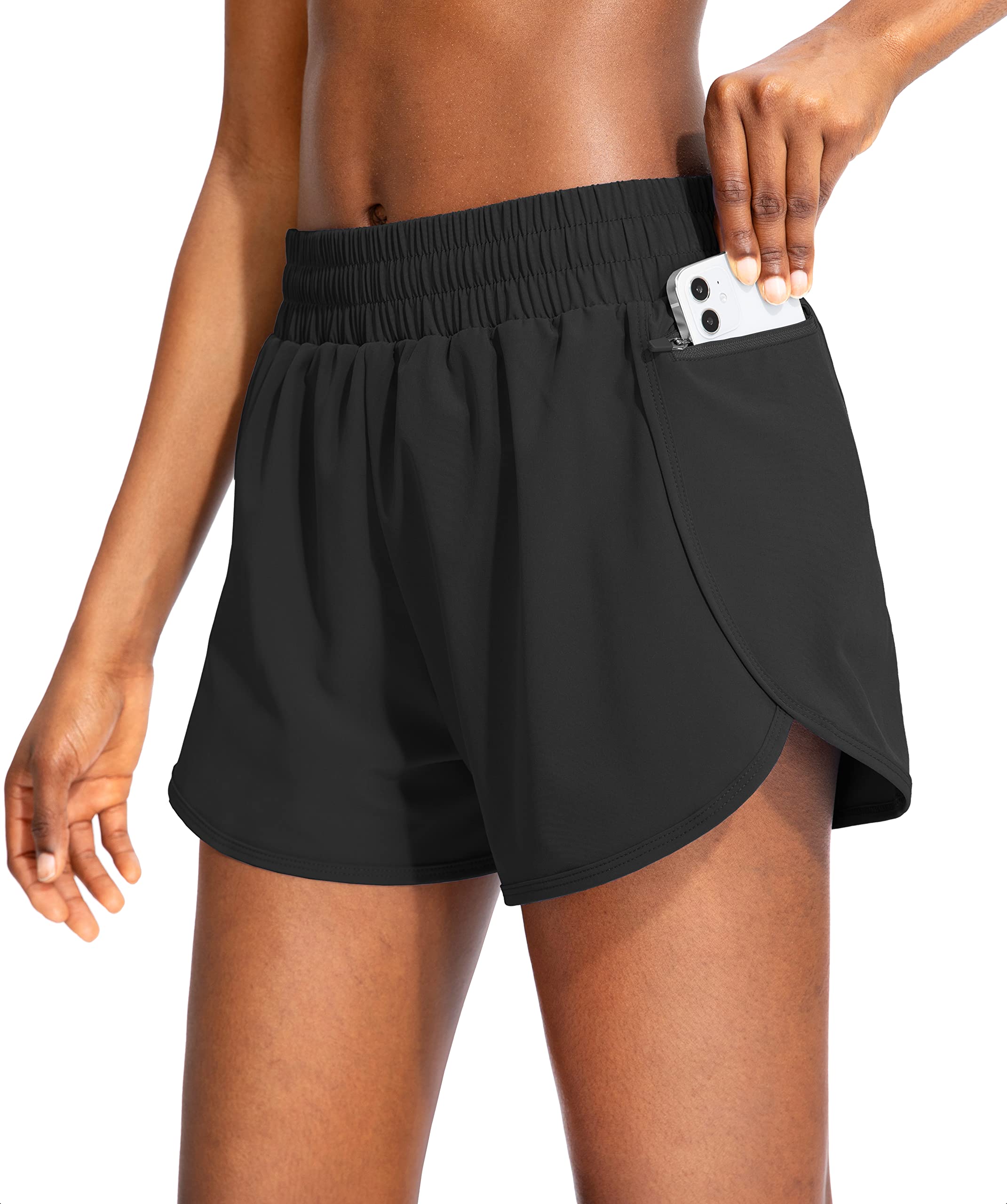 Soothfeel Womens Running Shorts with Zipper Pockets High Waisted Athletic  Gym Workout Shorts for Women with Liner Black Large
