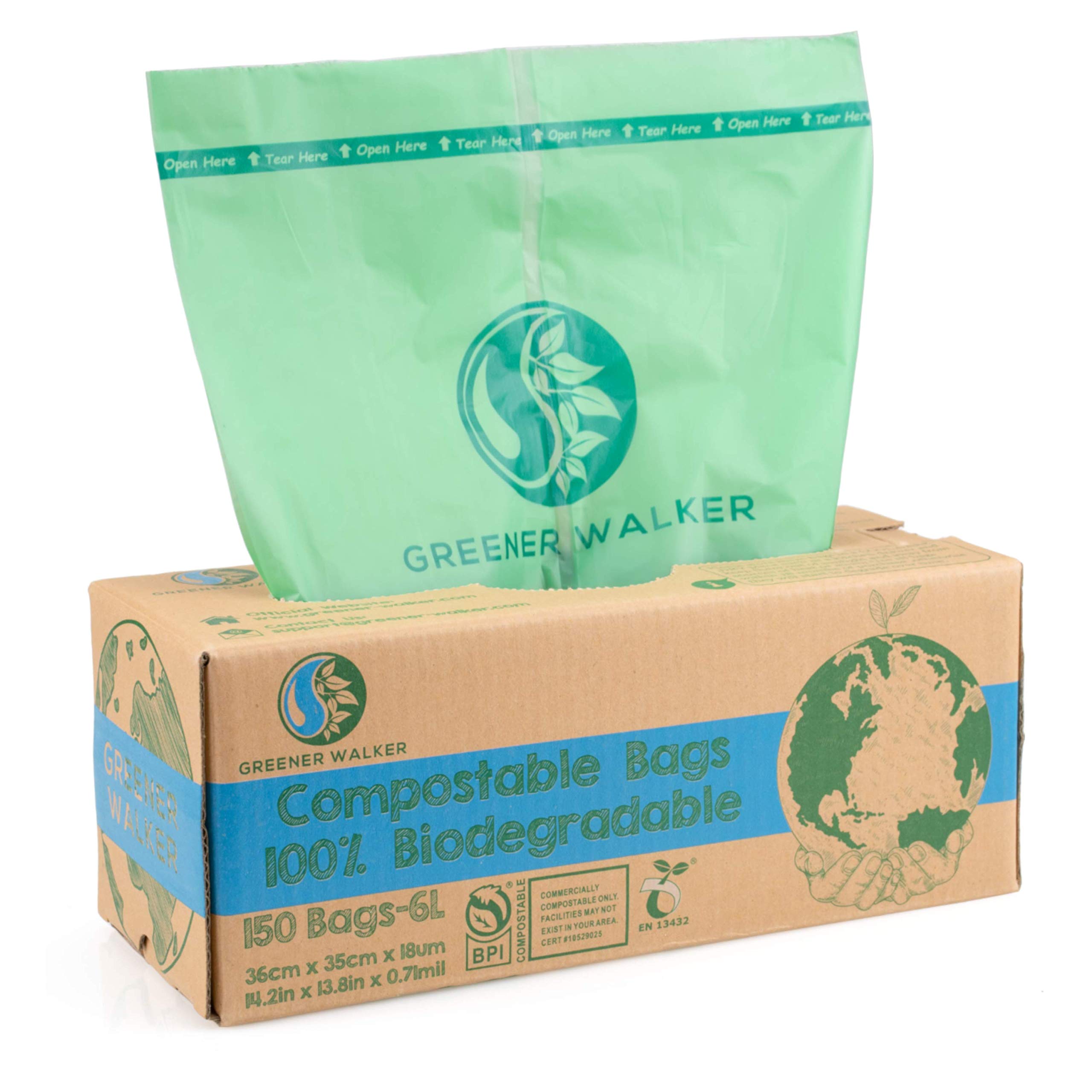 GREENER WALKER 100% Compostable Trash Bags, 1.6 Gallon-150Bags, ASTM D6400  BPI Biodegradable Food Kitchen