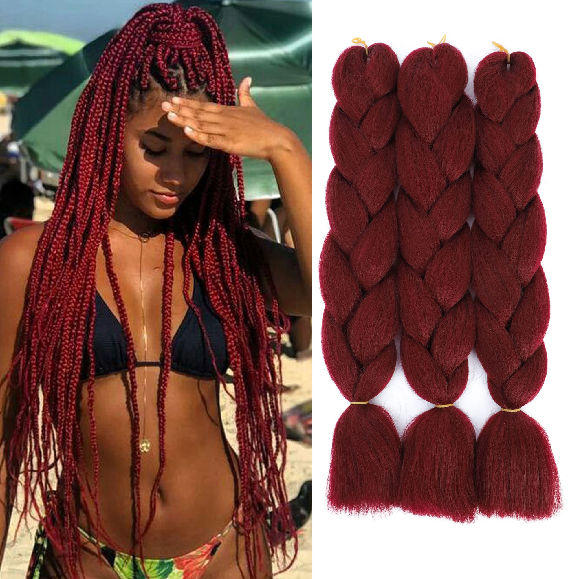 Selinhaar Burgundy Braiding Hair Pre Stretched 24 Inch Synthetic Braid in  Hair Extension for Box Twist