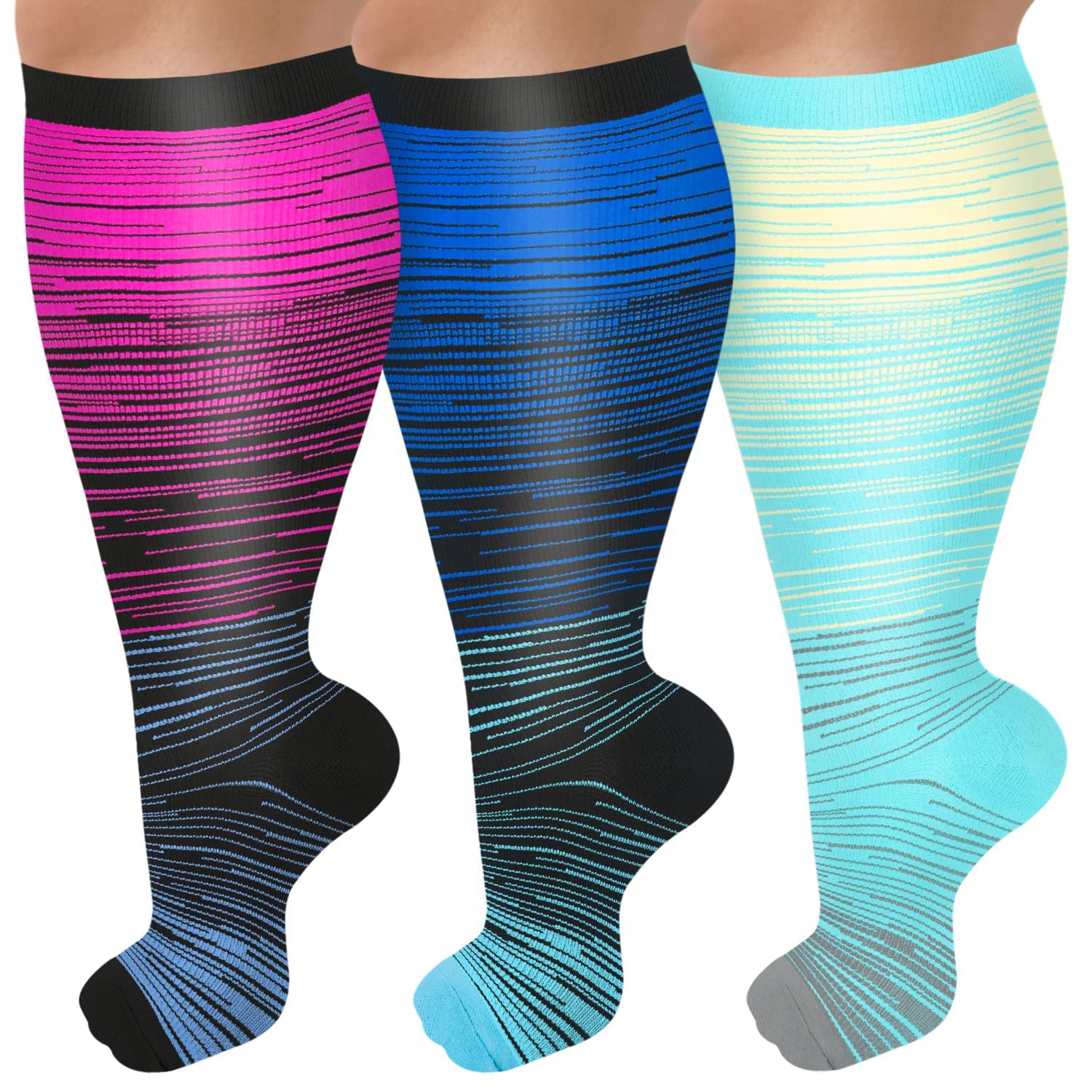 Diu Life 3 Pairs Plus Size Compression Socks for women & men Wide Calf  Extra Large Knee High Stockings for nurse sports fitness. XXL 3er-multi5
