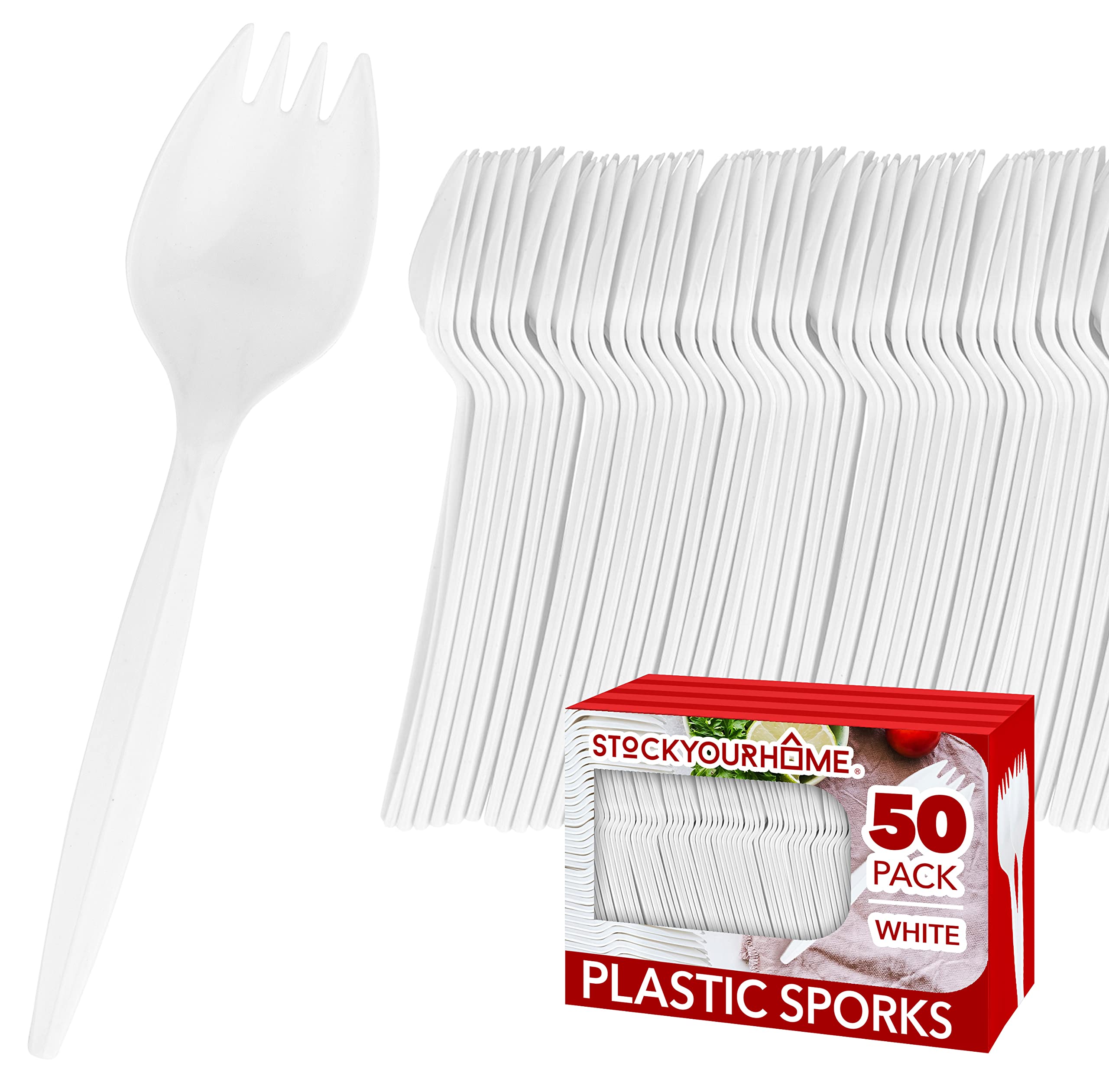 Disposable Sporks (50 Pack) White Plastic Sporks - BPA Free Kid Safe 2 in 1  Utensils - Heavy Weight Fork Spoon for School Lunch, Picnics, Catering,  Restaurants, Kids Birthday Parties - Stock Your Home