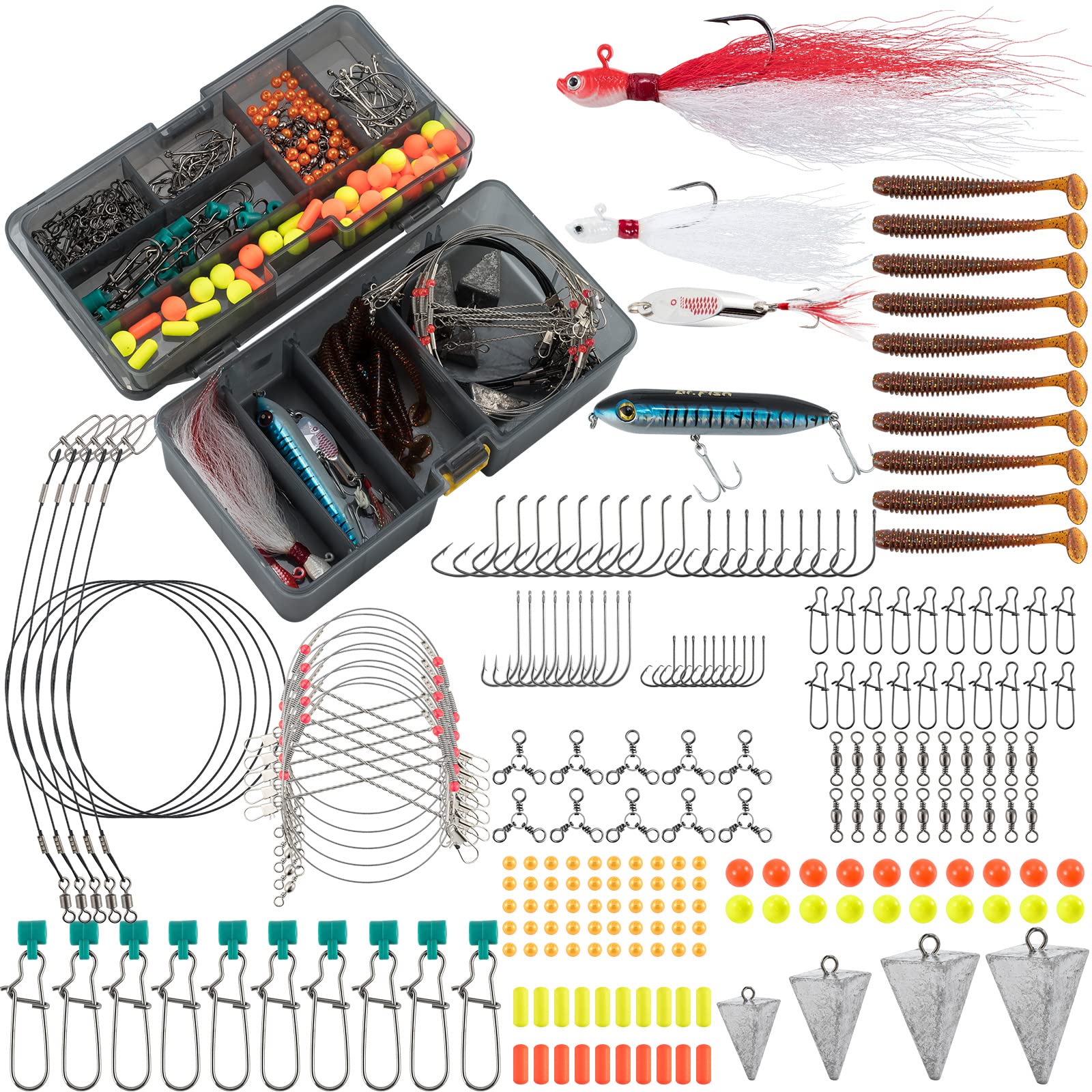 MadBite 214pcs Terminal Tackle Kit For Fresh And Saltwater Fishing With Tackle Box, Hooks, Weights, And Rigs