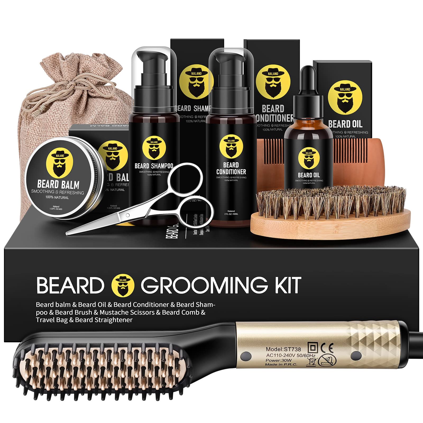 Beard Straightener Kit, Beard Growth Grooming Kit, Beard Straightener, Beard  Growth Oil, Beard Wash Shampoo, Conditioner, Balm, Wax, Comb, Brush,  Scissor, Bag, Gifts for Men Him Dad Boyfriend