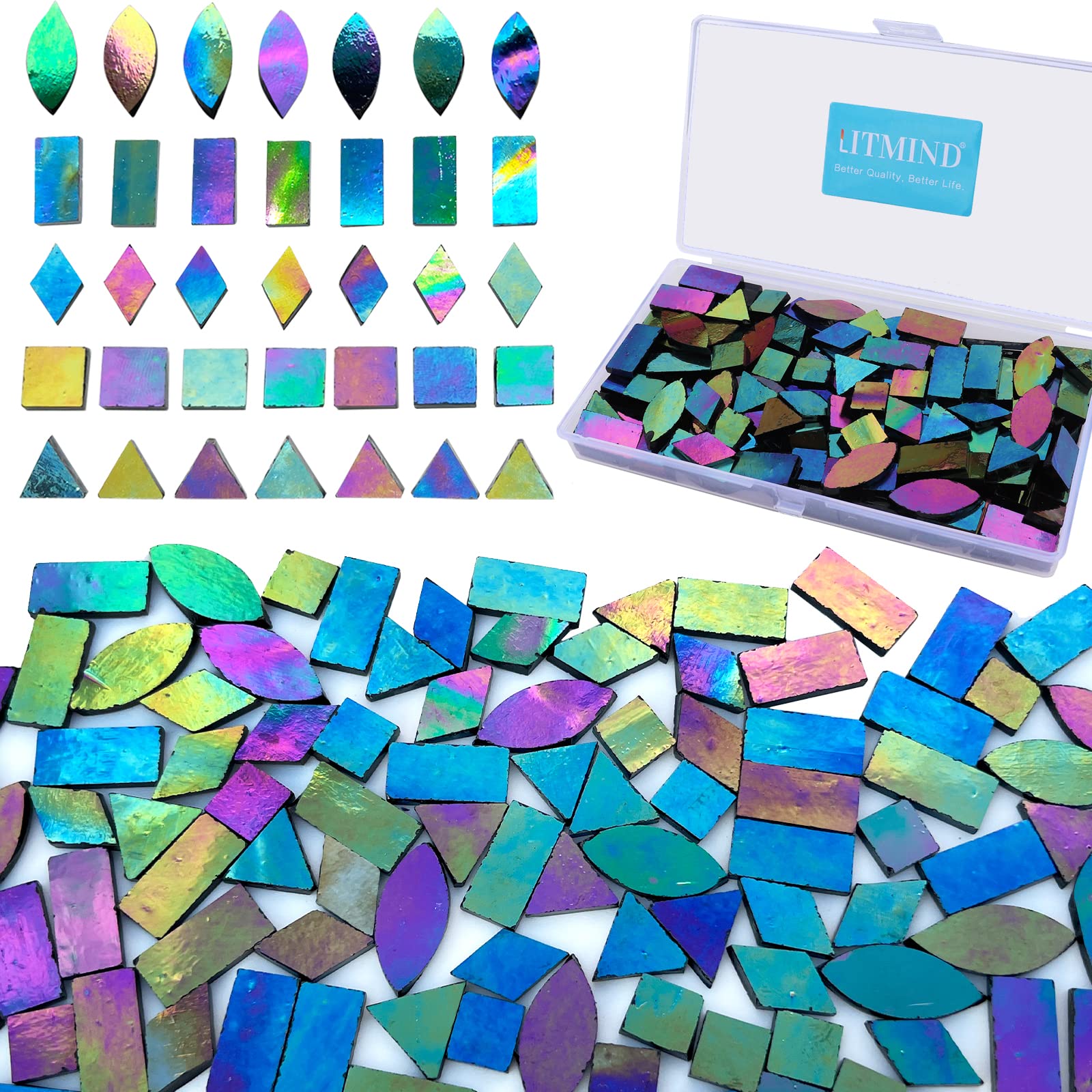LITMIND Iridescent Glass Mosaic Tiles for Crafts 240 Pieces 5 Shapes Mixed  Stained Glass Sheets Mosaic Kits for Adults (Iridescent Black)