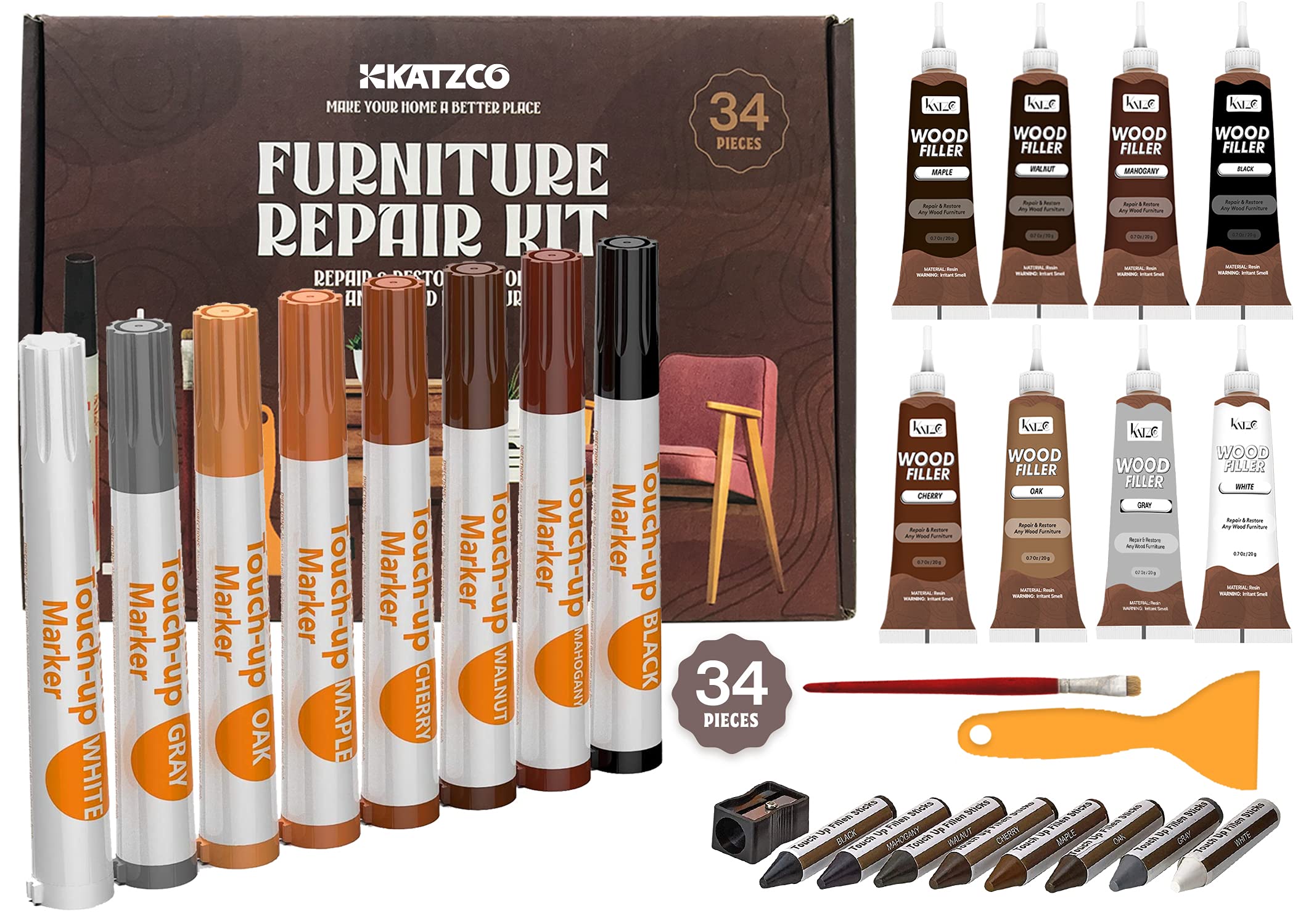 Katzco Total Furniture Repair Kit - Set of 34 - Resin Repair Wood Filler, Brushes, Markers with Plastic Scraper - for Stains, Scratches, Wood Floors