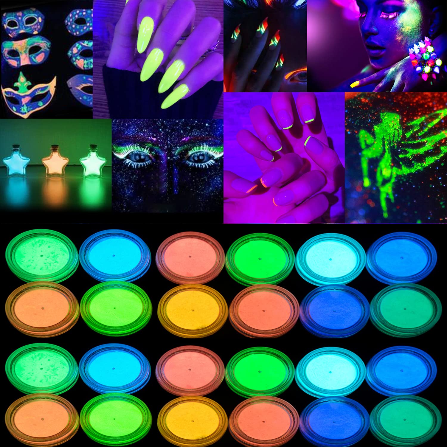 Glow in The Dark Pigment Powder Phosphorescent Powder Neon Color Changing  Luminous Powder Set Pack of